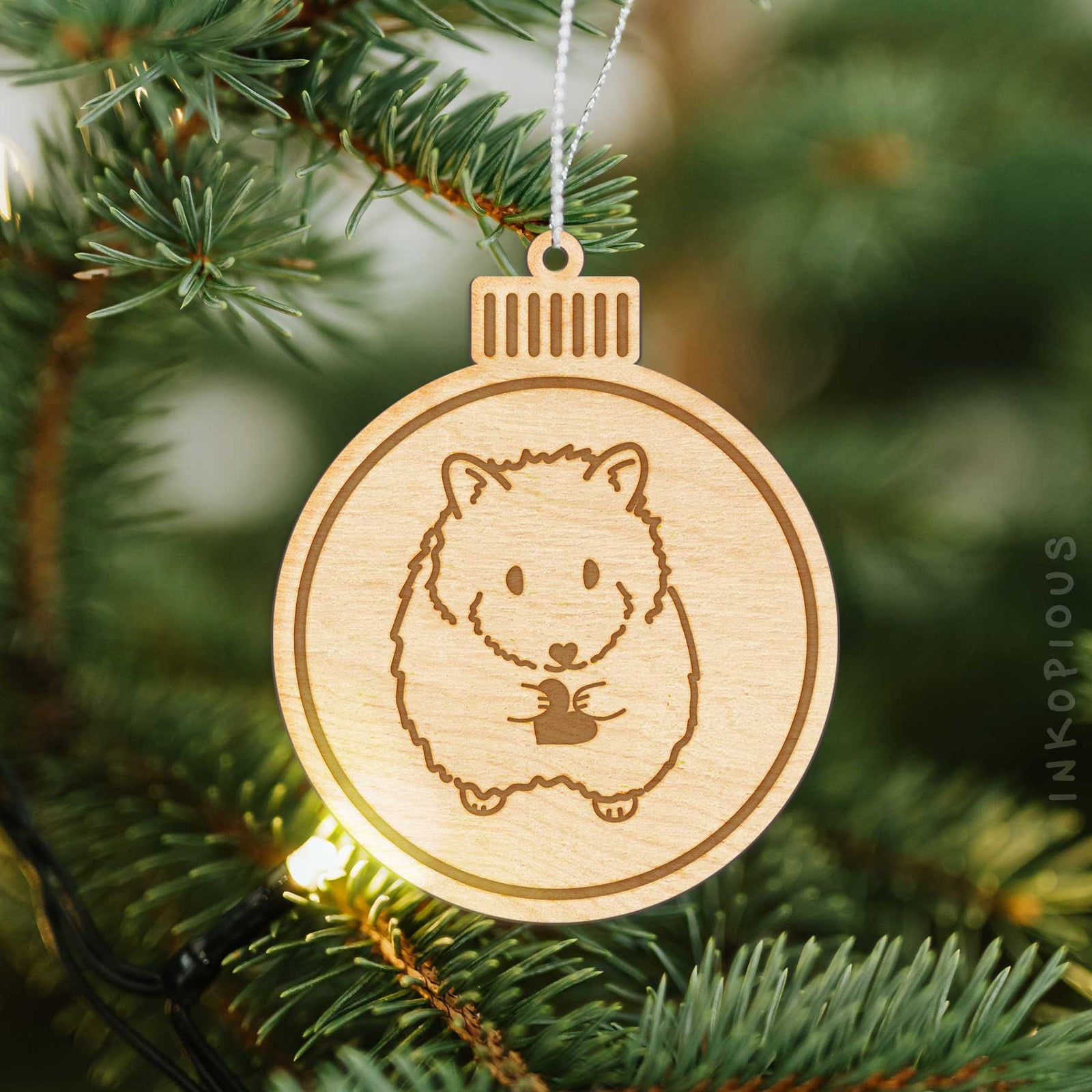 Minimalist line drawing of Hilga the Hamster with a red heart on an Ornament wooden ornament