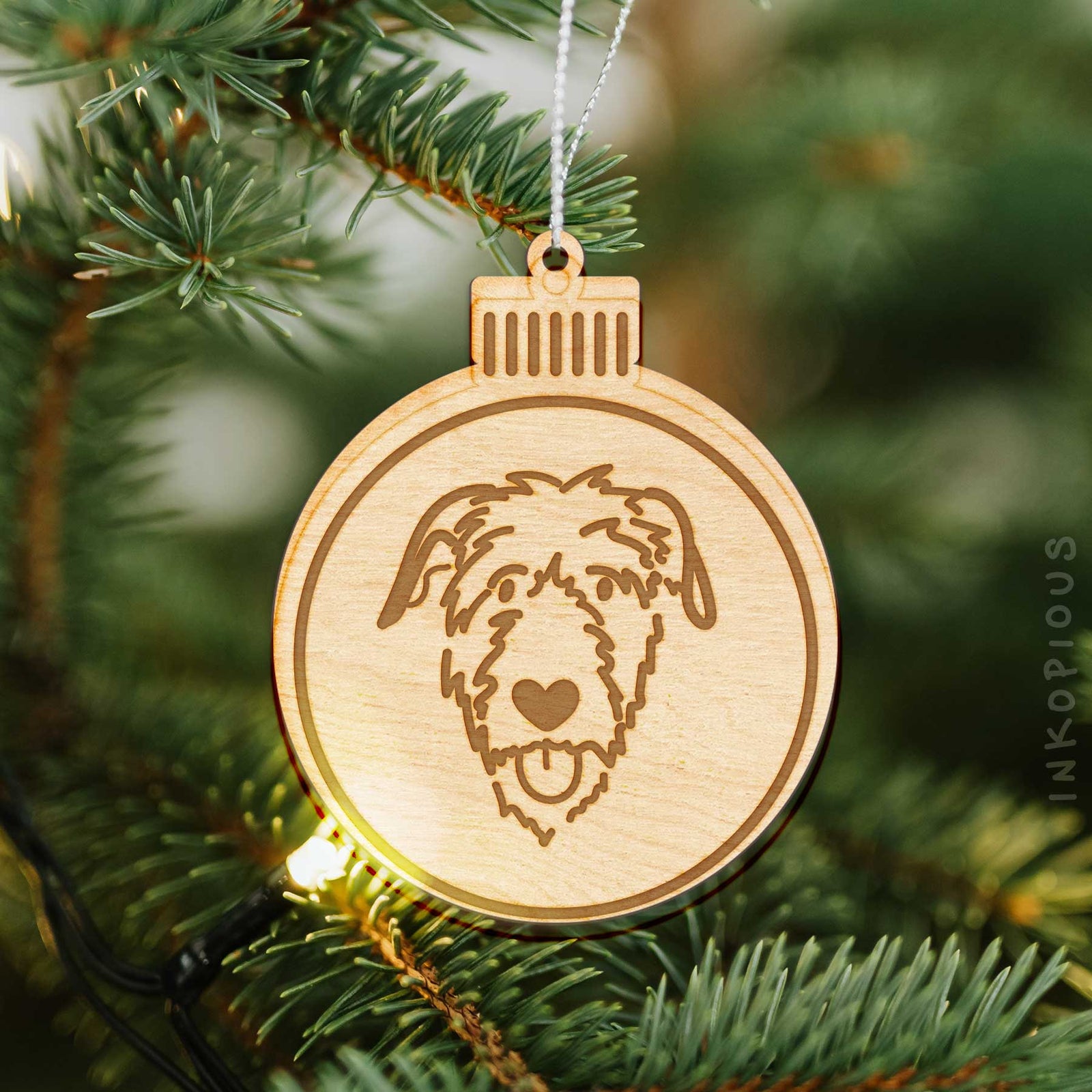 Minimalist line drawing of an Irish Wolfhound with a red heart on an Ornament wooden ornament