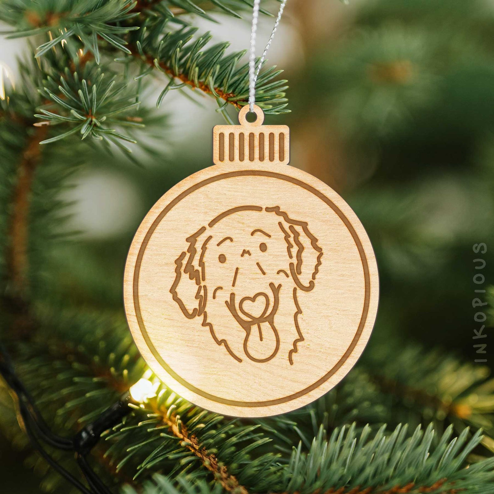 Minimalist line drawing of Jack the Flat-Coated Retriever with a red heart on an Ornament wooden ornament