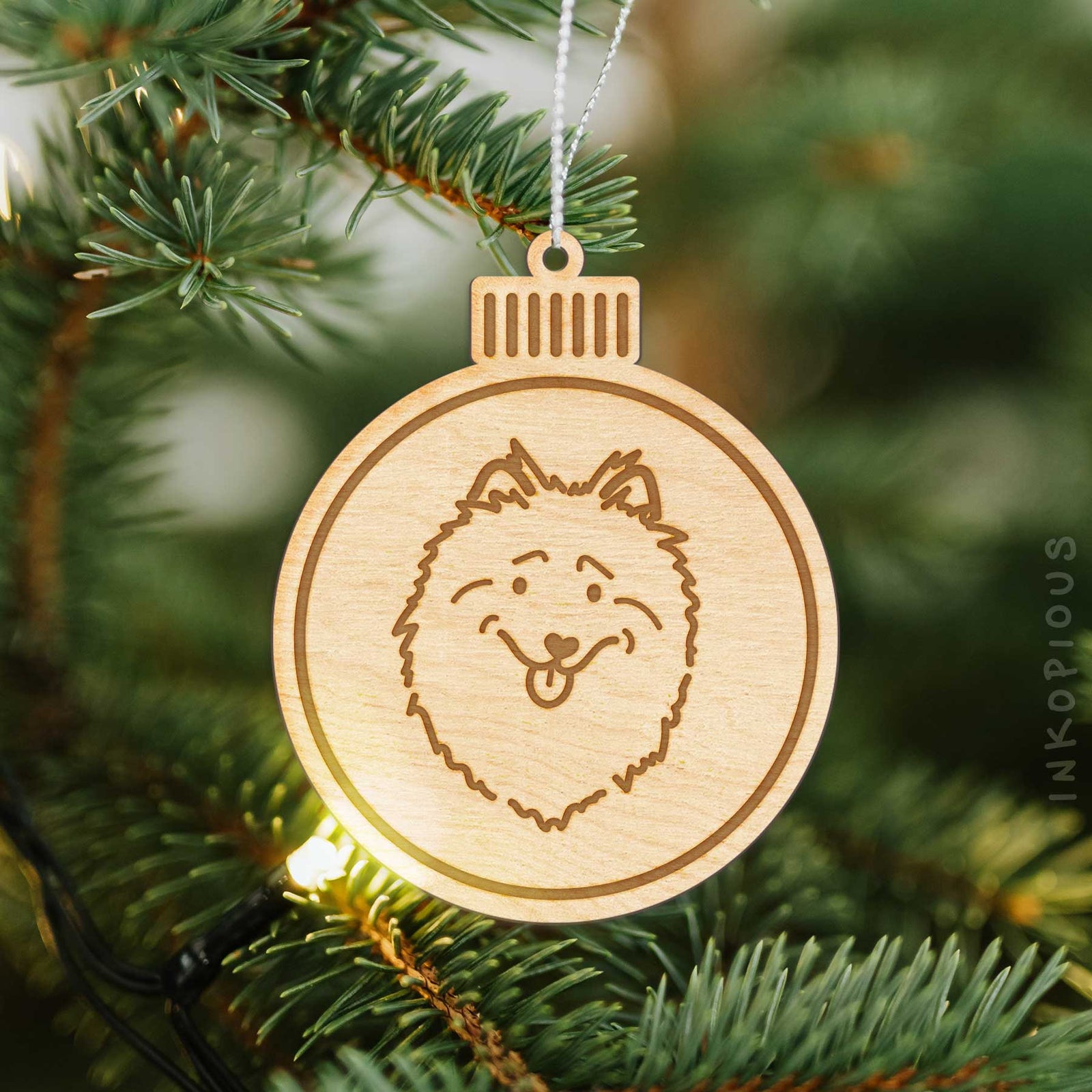 Minimalist line drawing of a Keeshond with a red heart on an Ornament wooden ornament