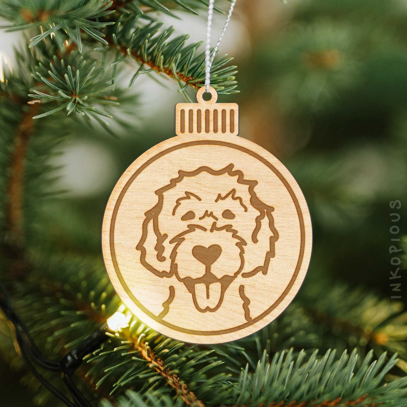 Round Labradoodle Christmas ornament with unique Labradoodle drawing