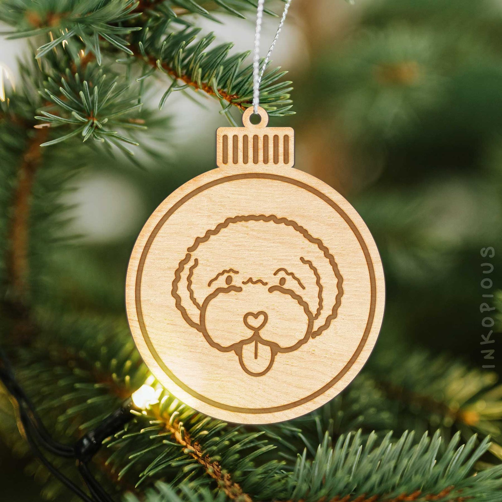 Minimalist line drawing of a Lagotta Romagnolo with a red heart on an Ornament wooden ornament
