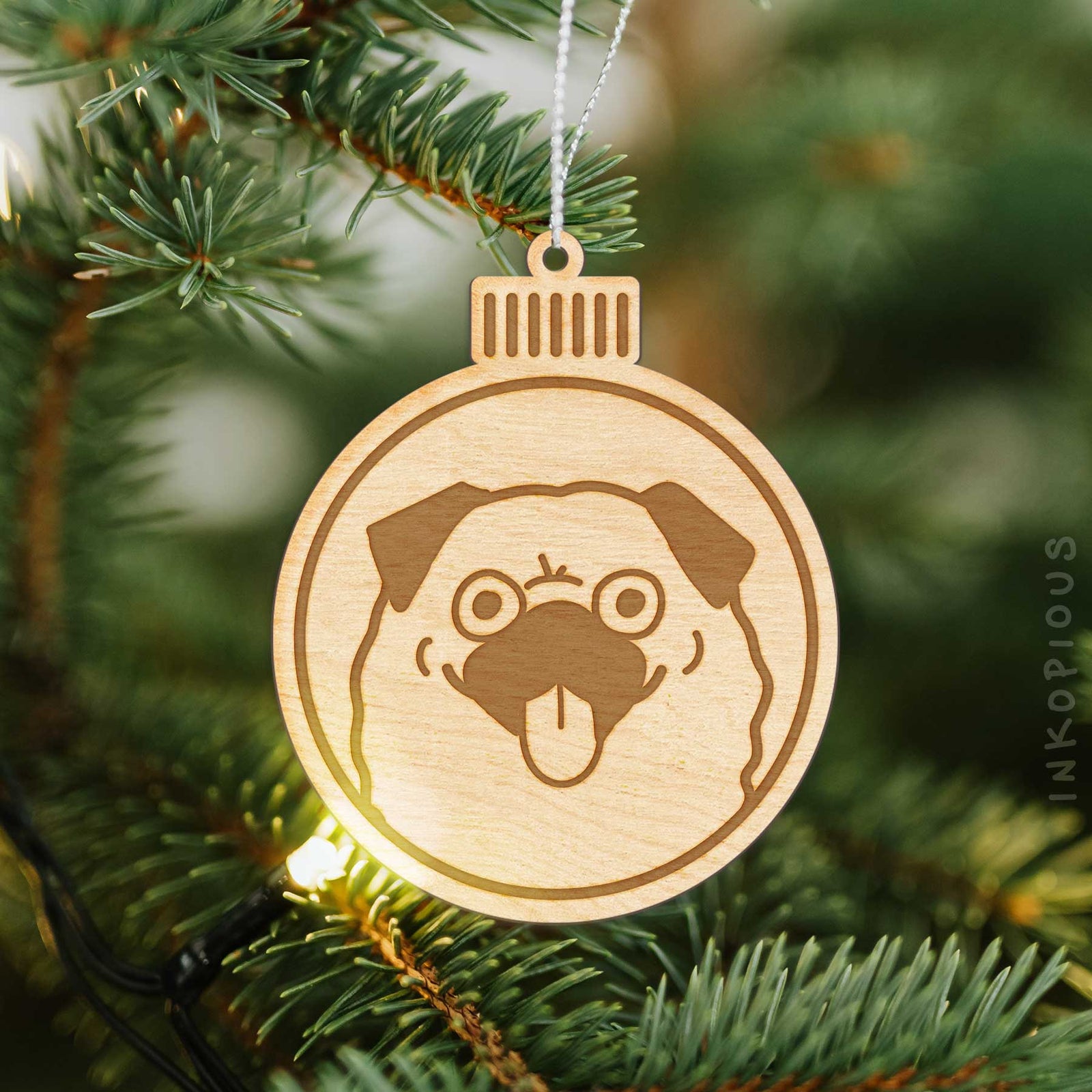 Minimalist line drawing of a Pug with a red heart on an Ornament wooden ornament