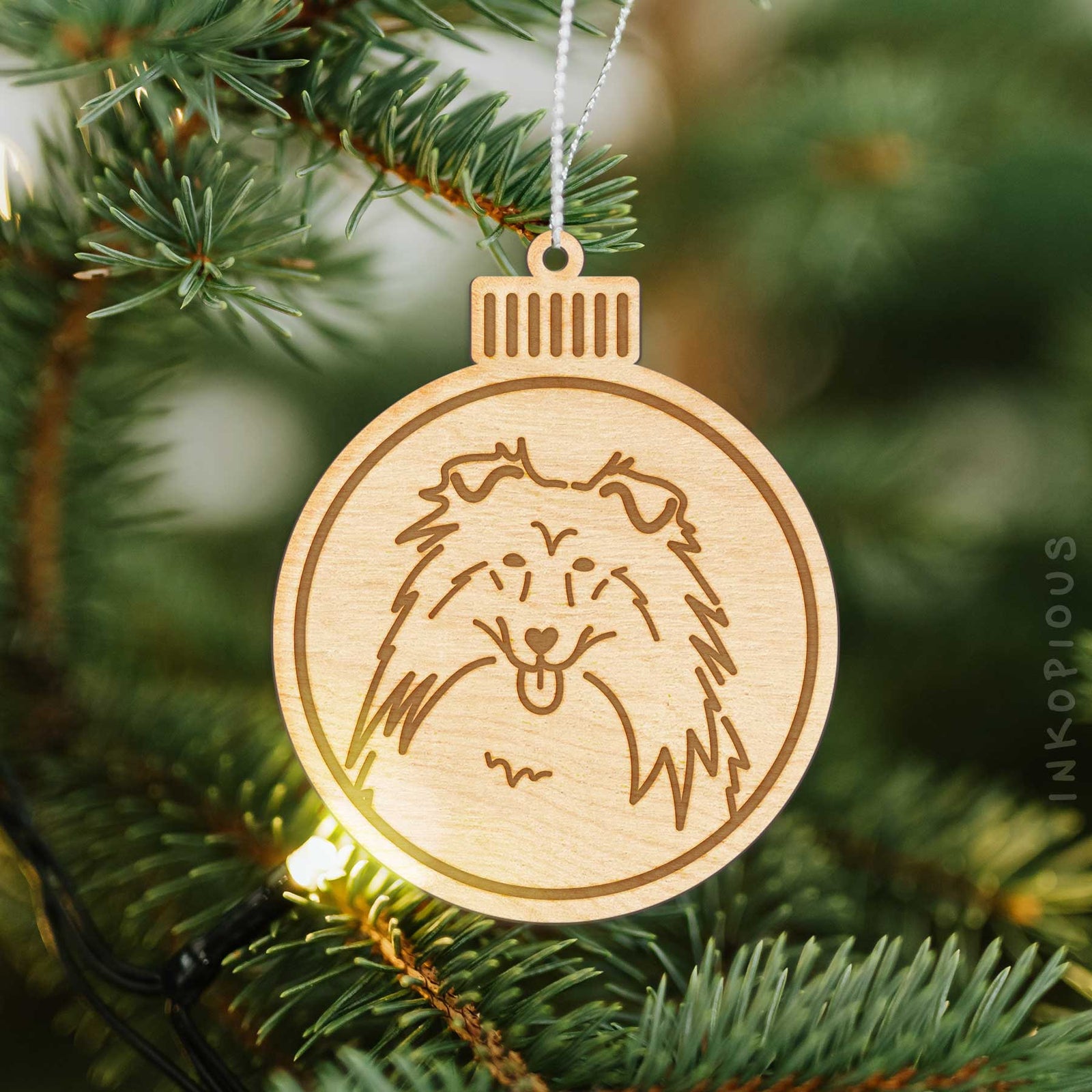 Minimalist line drawing of a Rough Collie with a red heart on an Ornament wooden ornament
