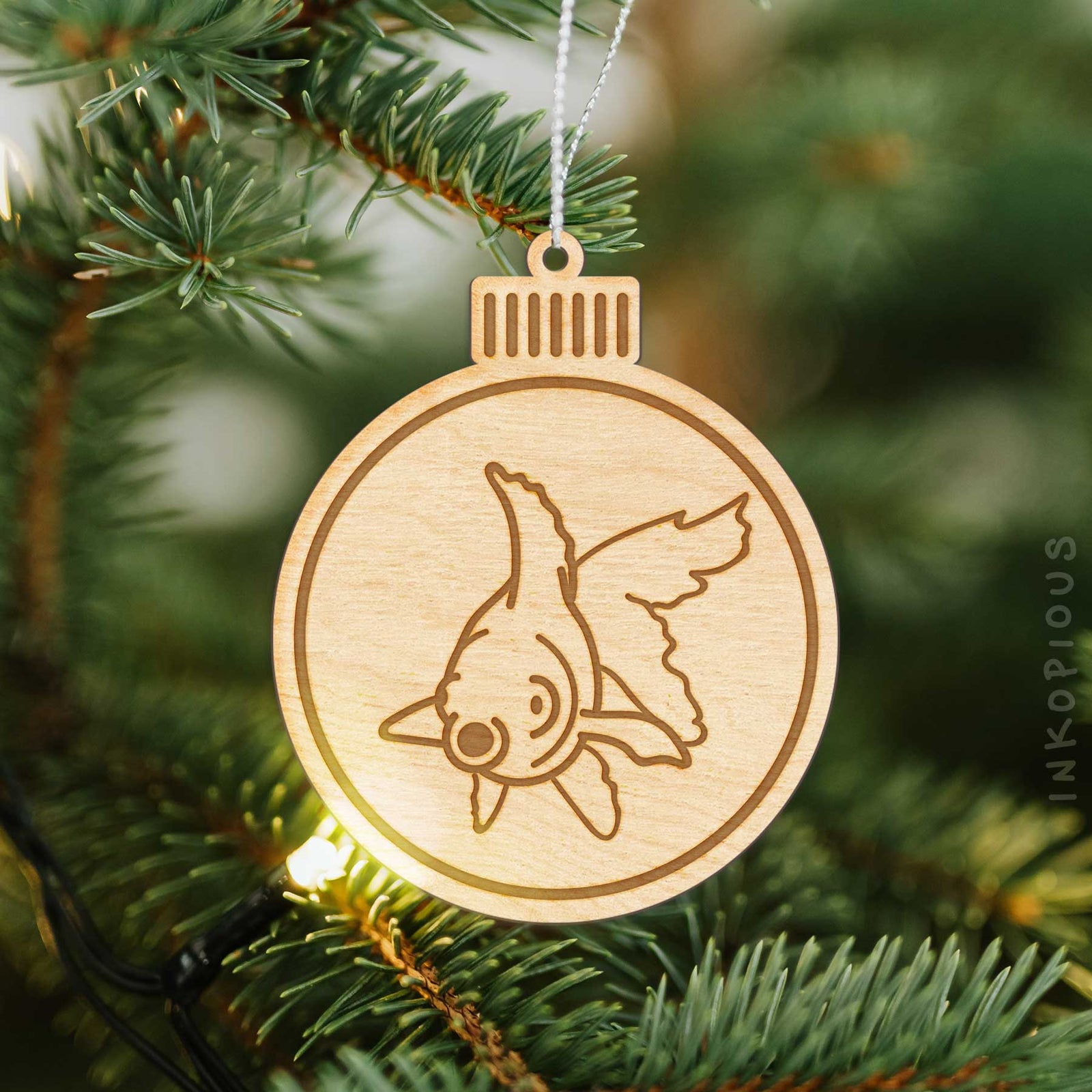 Minimalist line drawing of Ruby the Goldfish with a red heart on an Ornament wooden ornament