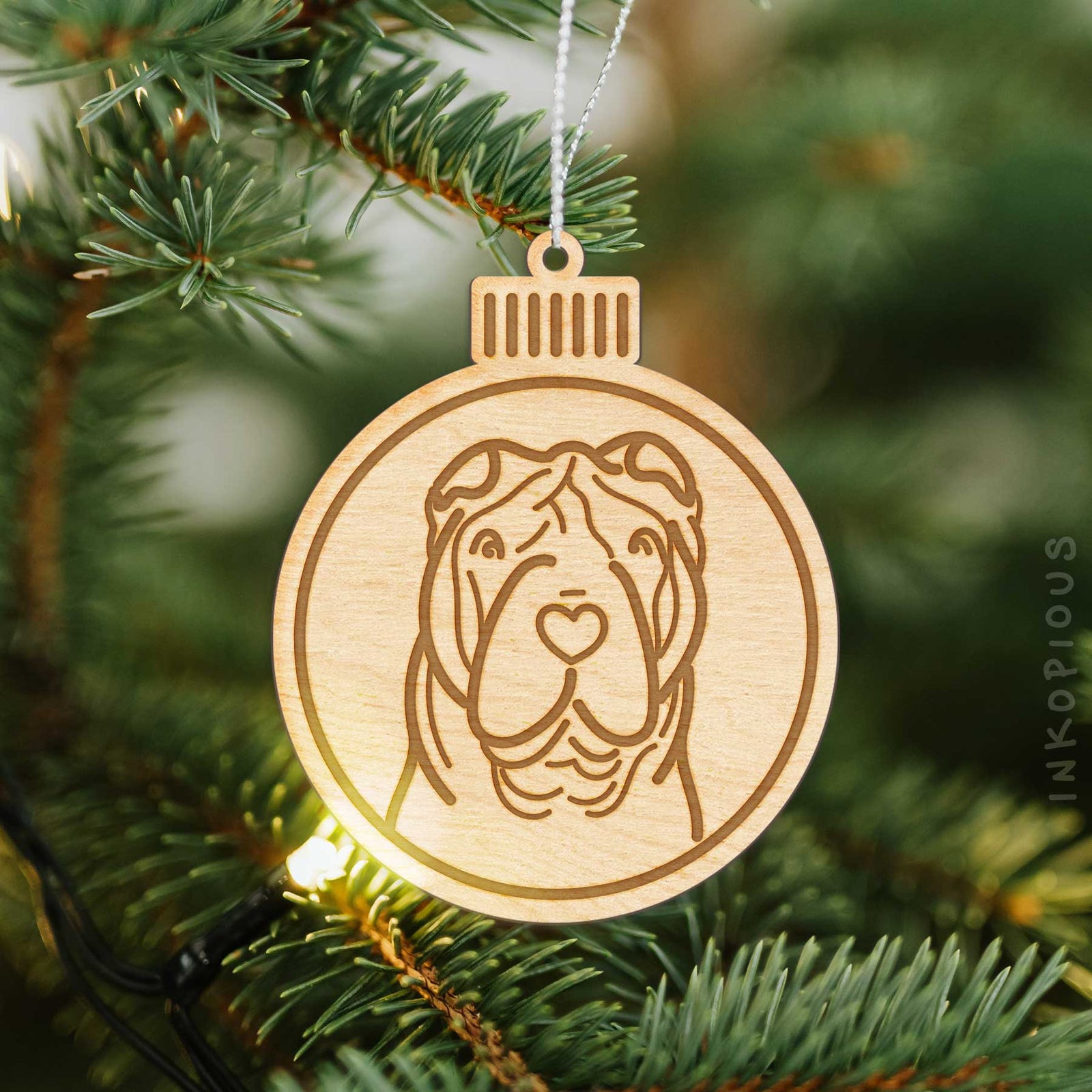 Minimalist line drawing of a Shar Pei with a red heart on an Ornament wooden ornament