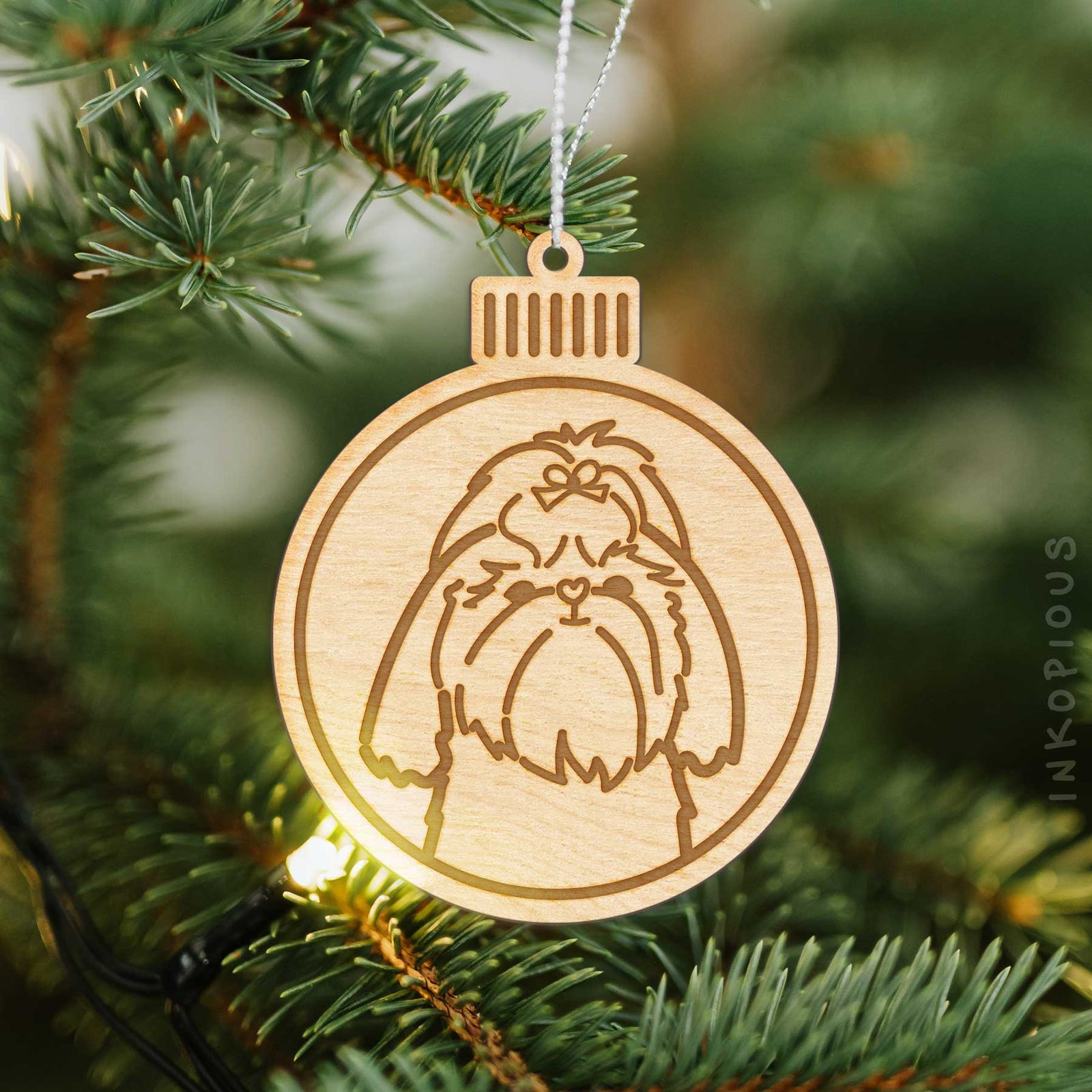 Minimalist line drawing of a Shih Tzu with a red heart on an Ornament wooden ornament