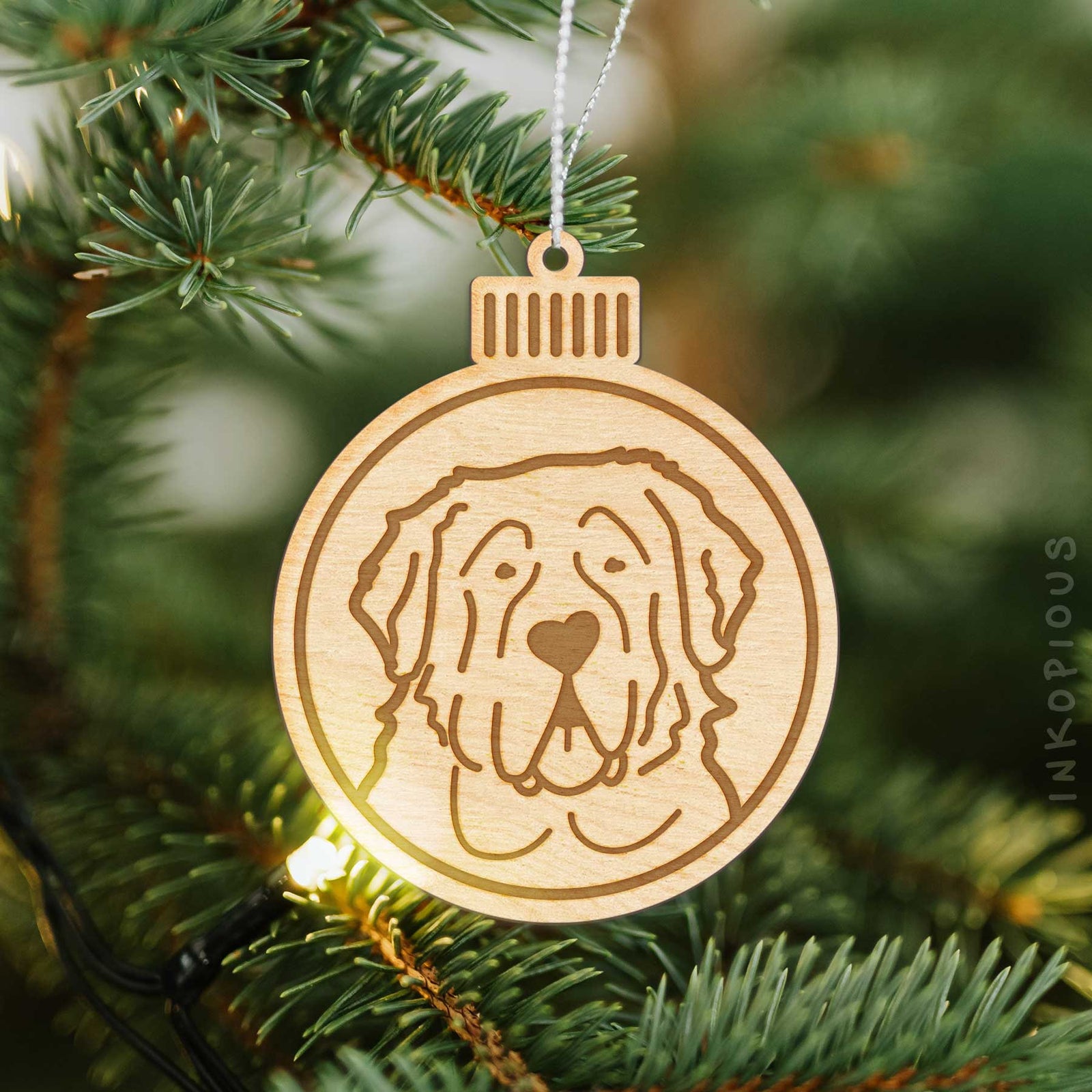 Minimalist line drawing of a Saint Bernard with a red heart on an Ornament wooden ornament