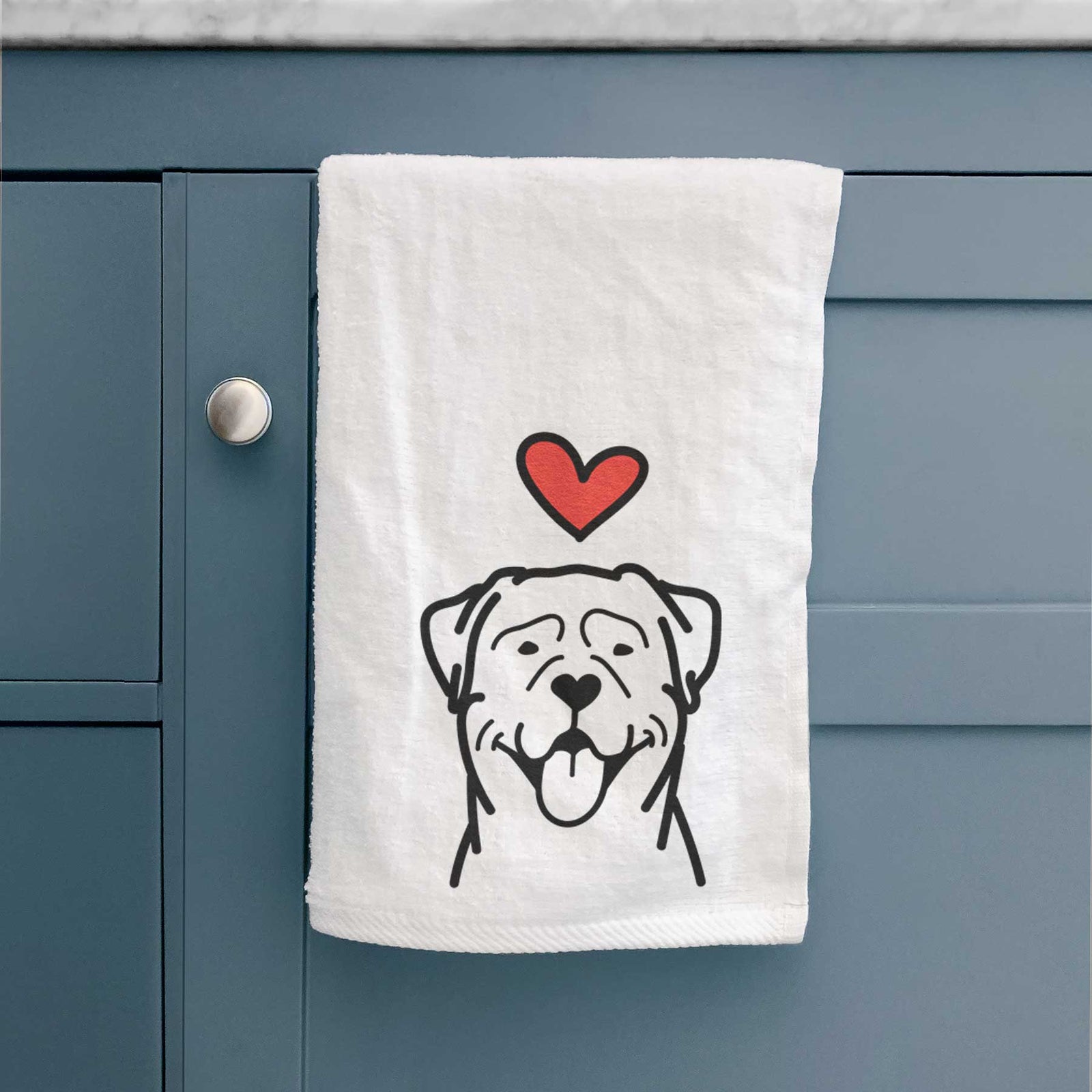 Minimalist line drawing of a Rottweiler with a red heart on a decorative hand towel