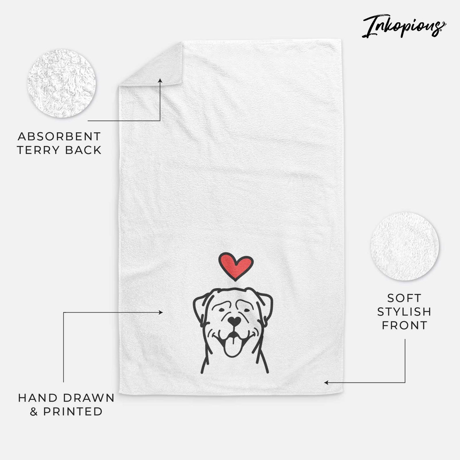 Minimalist line drawing of a Rottweiler with a red heart on a decorative hand towel