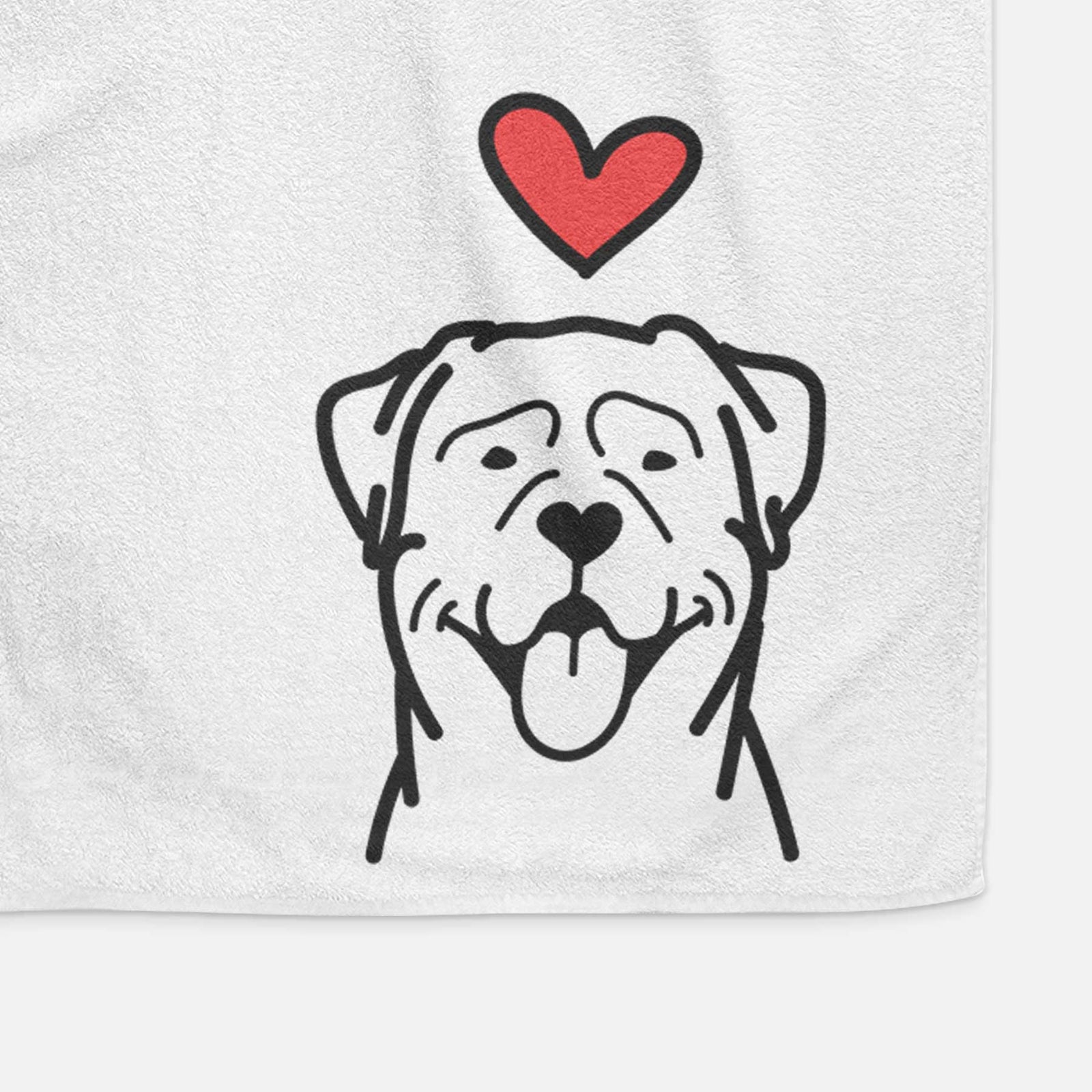 Minimalist line drawing of a Rottweiler with a red heart on a decorative hand towel