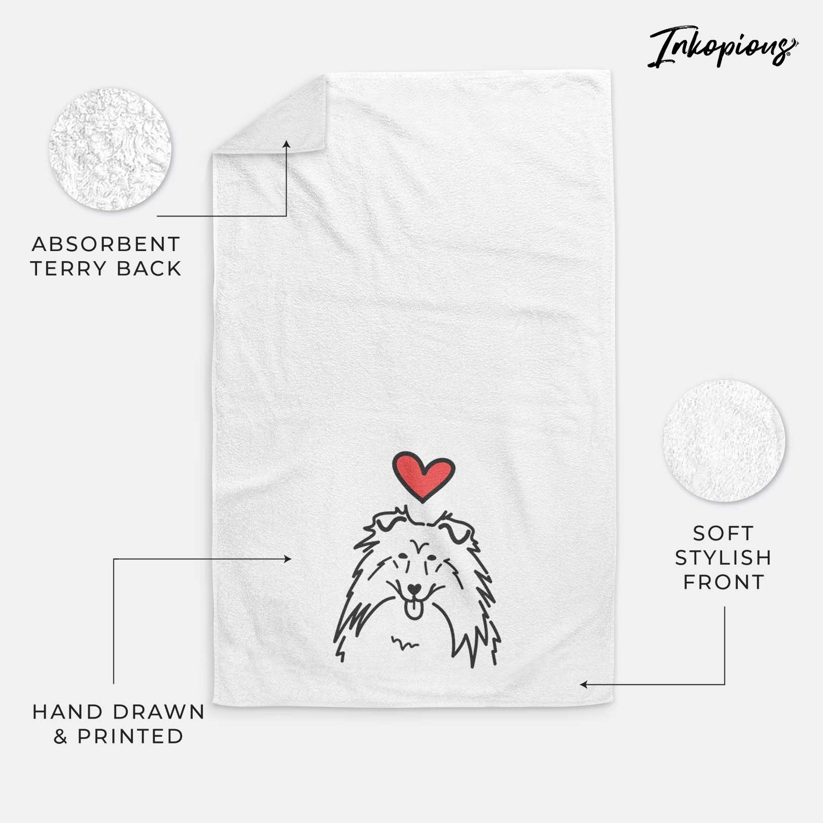 Minimalist line drawing of a Rough Collie with a red heart on a decorative hand towel