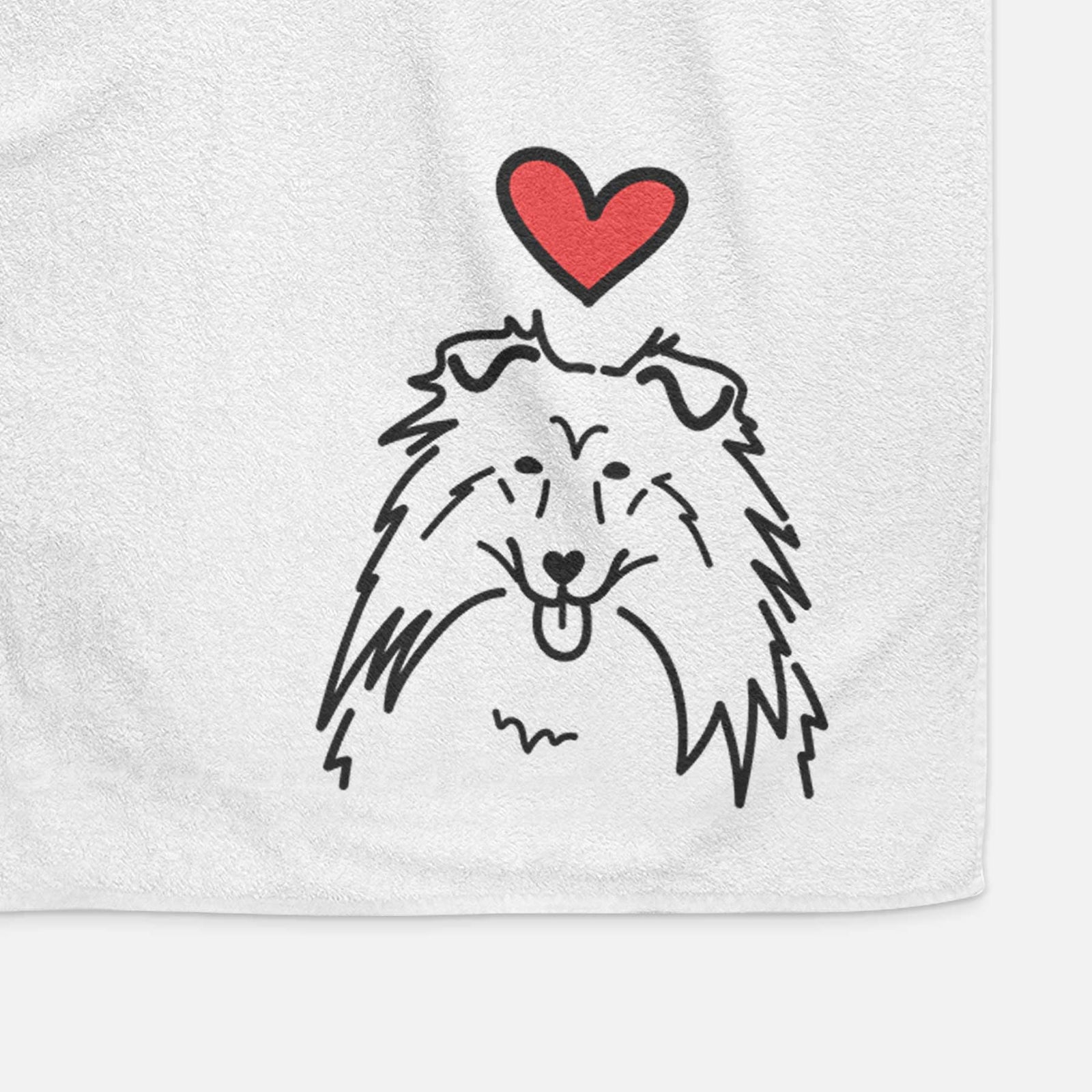 Minimalist line drawing of a Rough Collie with a red heart on a decorative hand towel