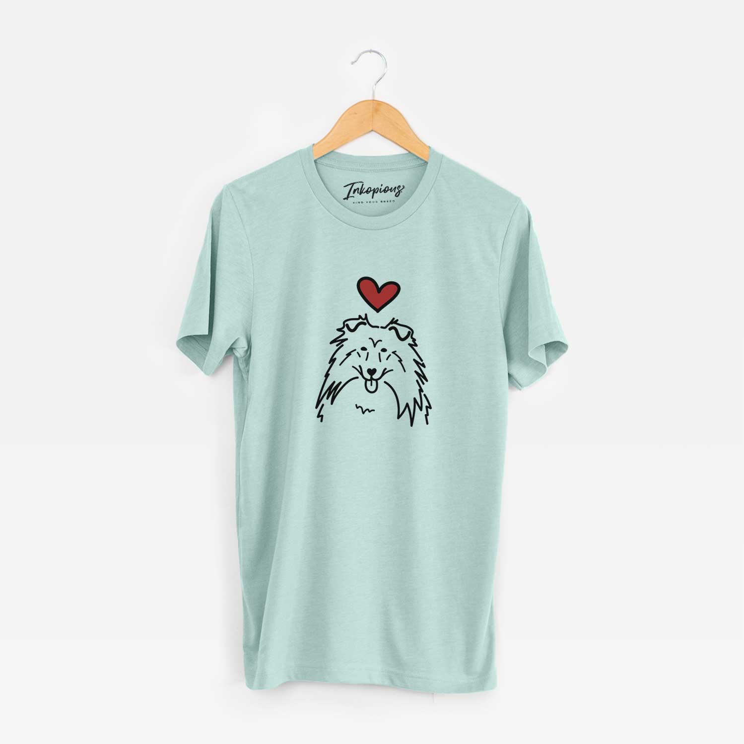 Minimalist line drawing of a Rough Collie with a red heart on a Heather Sage Unisex crewneck