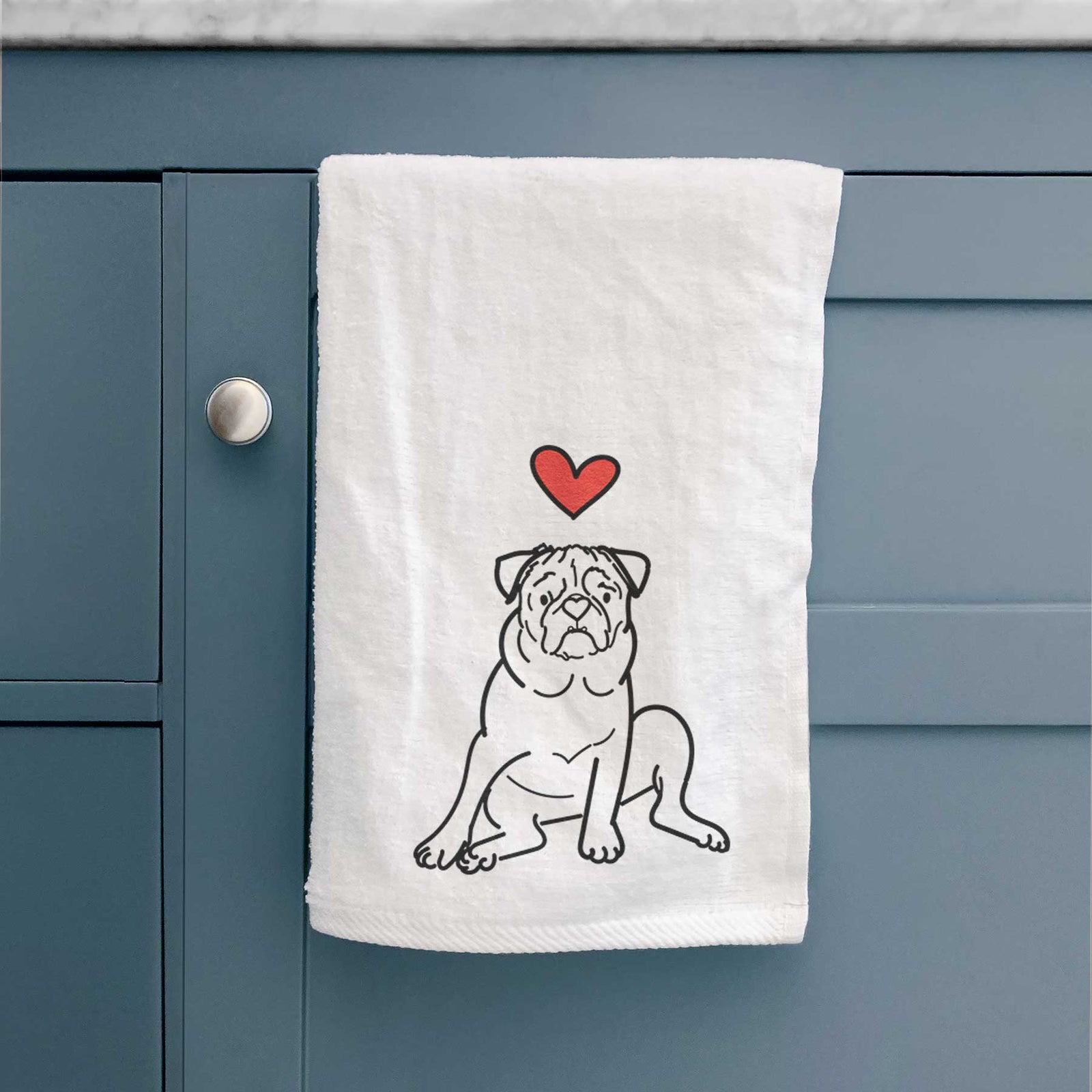 Minimalist line drawing of Rudy the Pug with a red heart on a decorative hand towel