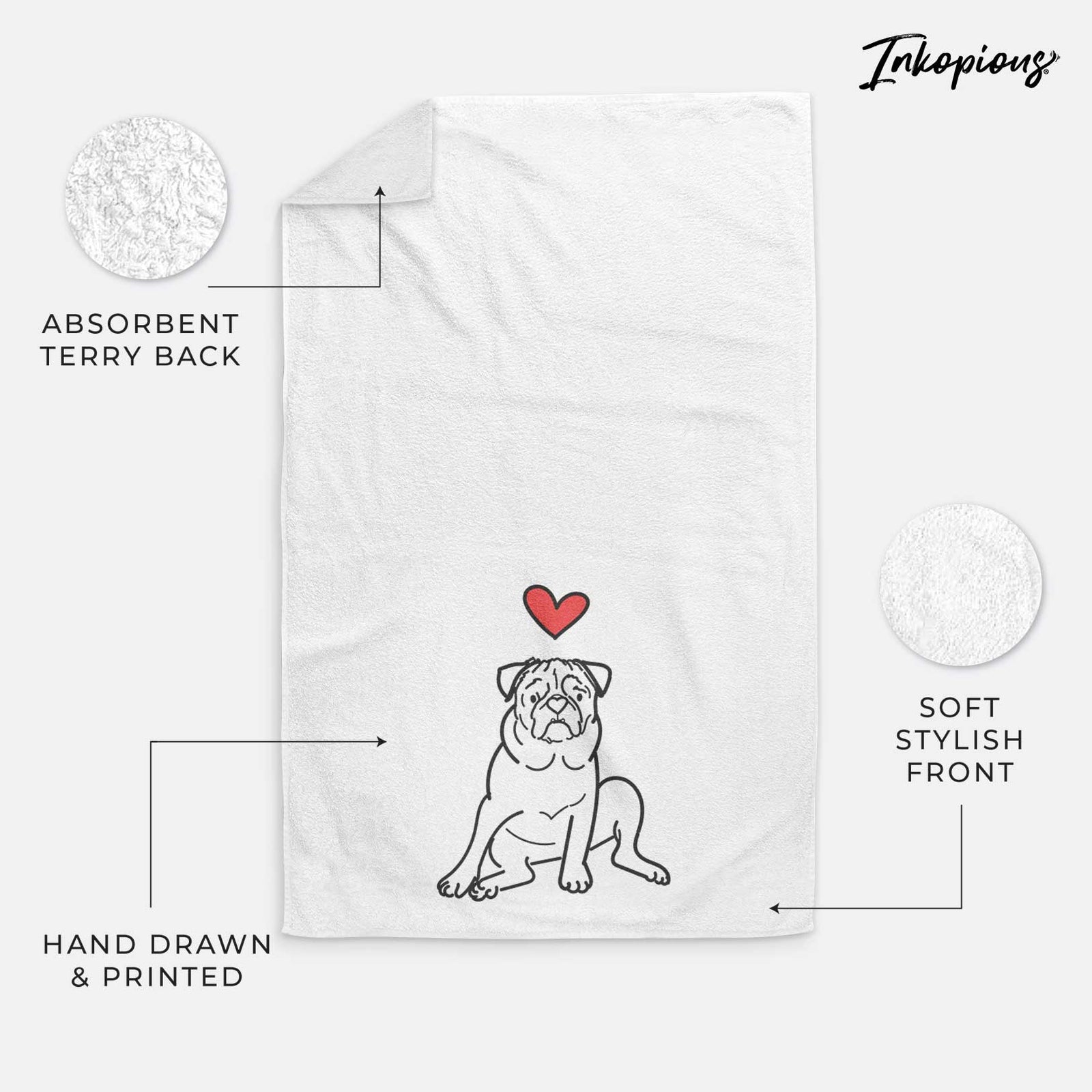 Minimalist line drawing of Rudy the Pug with a red heart on a decorative hand towel