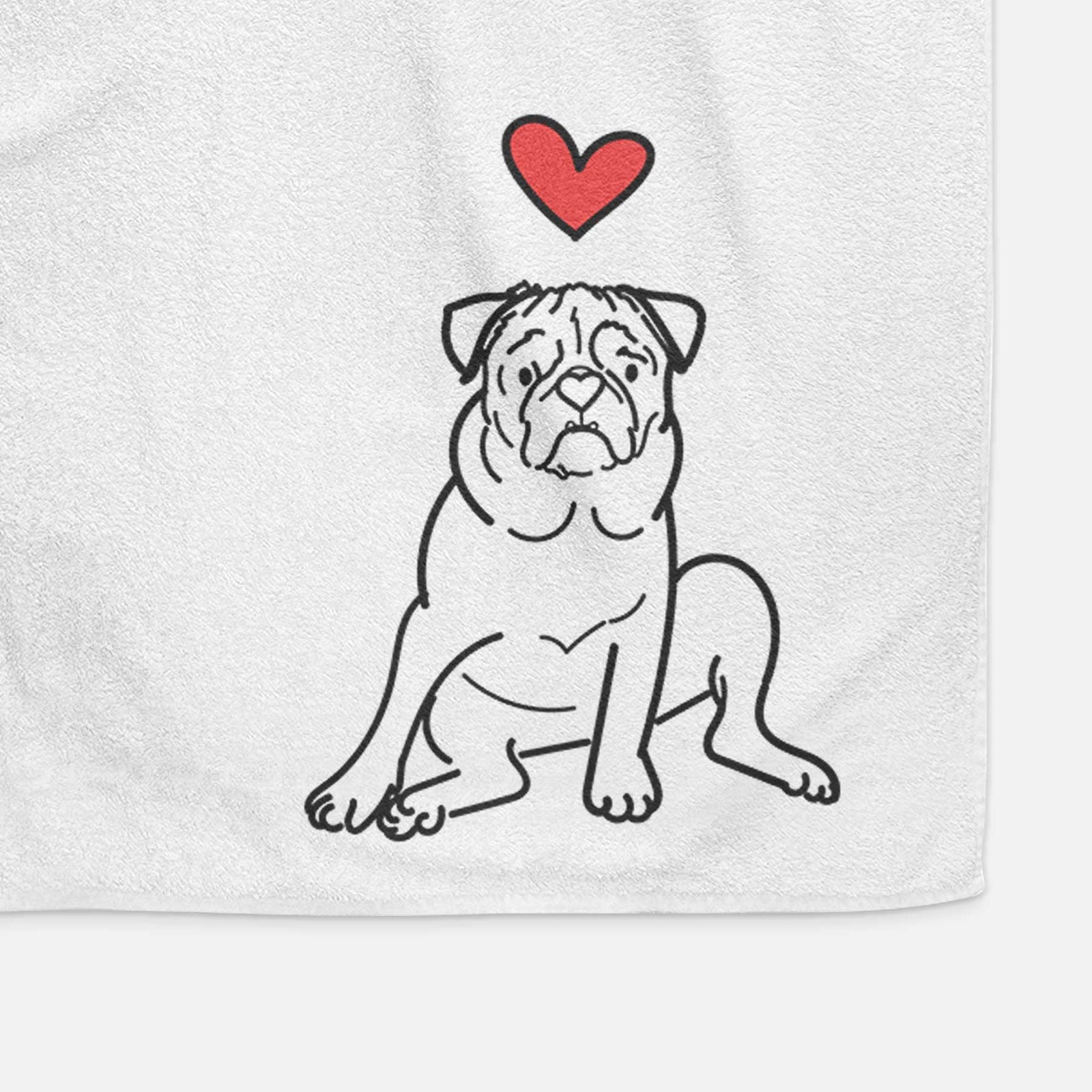 Minimalist line drawing of Rudy the Pug with a red heart on a decorative hand towel