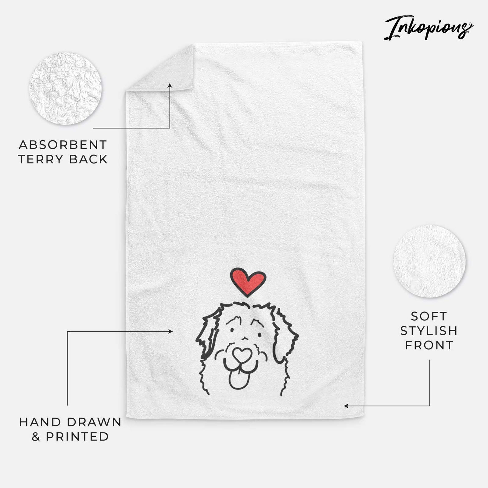 Minimalist line drawing of Sabre the Leonberger with a red heart on a decorative hand towel