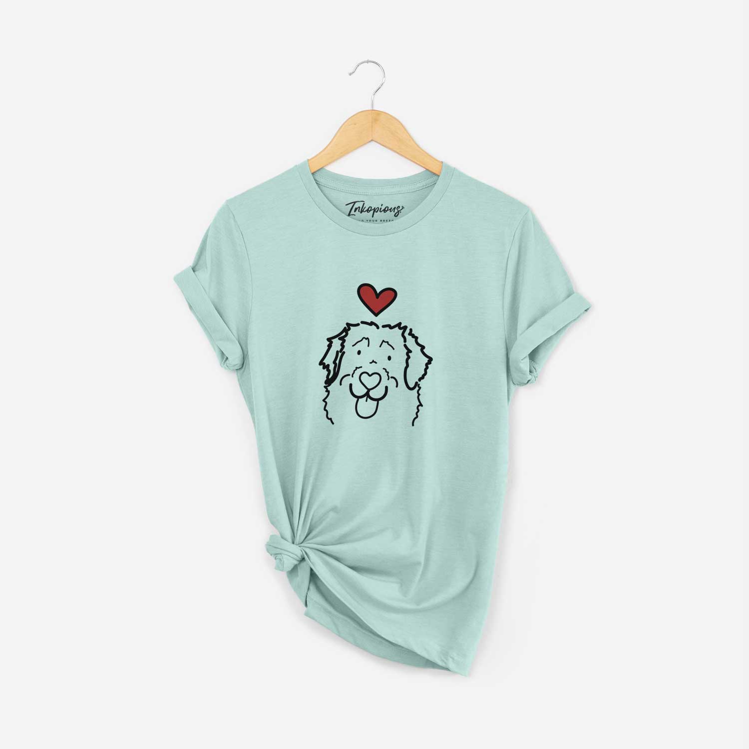 Minimalist line drawing of Sabre the Leonberger with a red heart on a Heather Sage Unisex crewneck