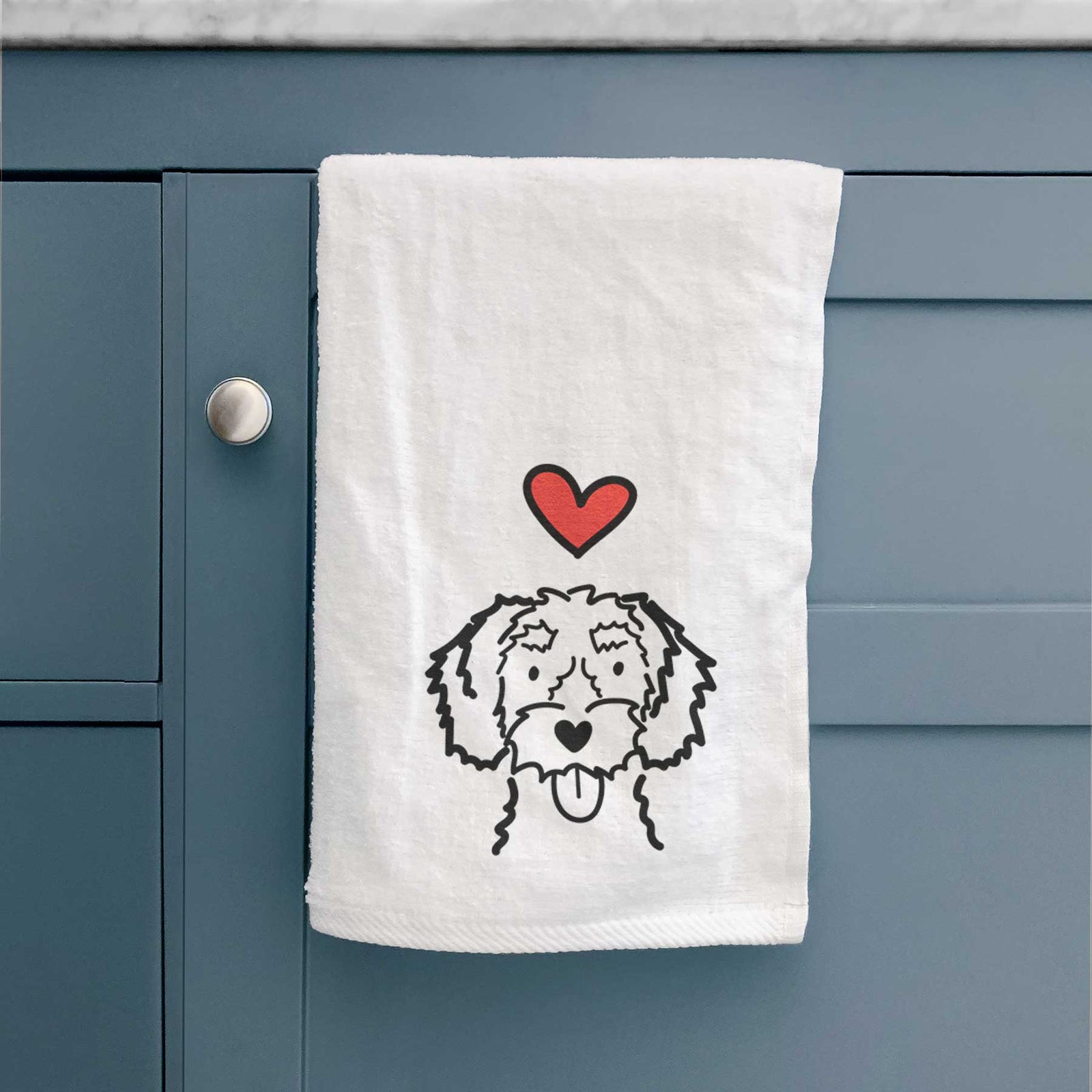 Minimalist line drawing of a White Schnoodle with a red heart on a decorative hand towel