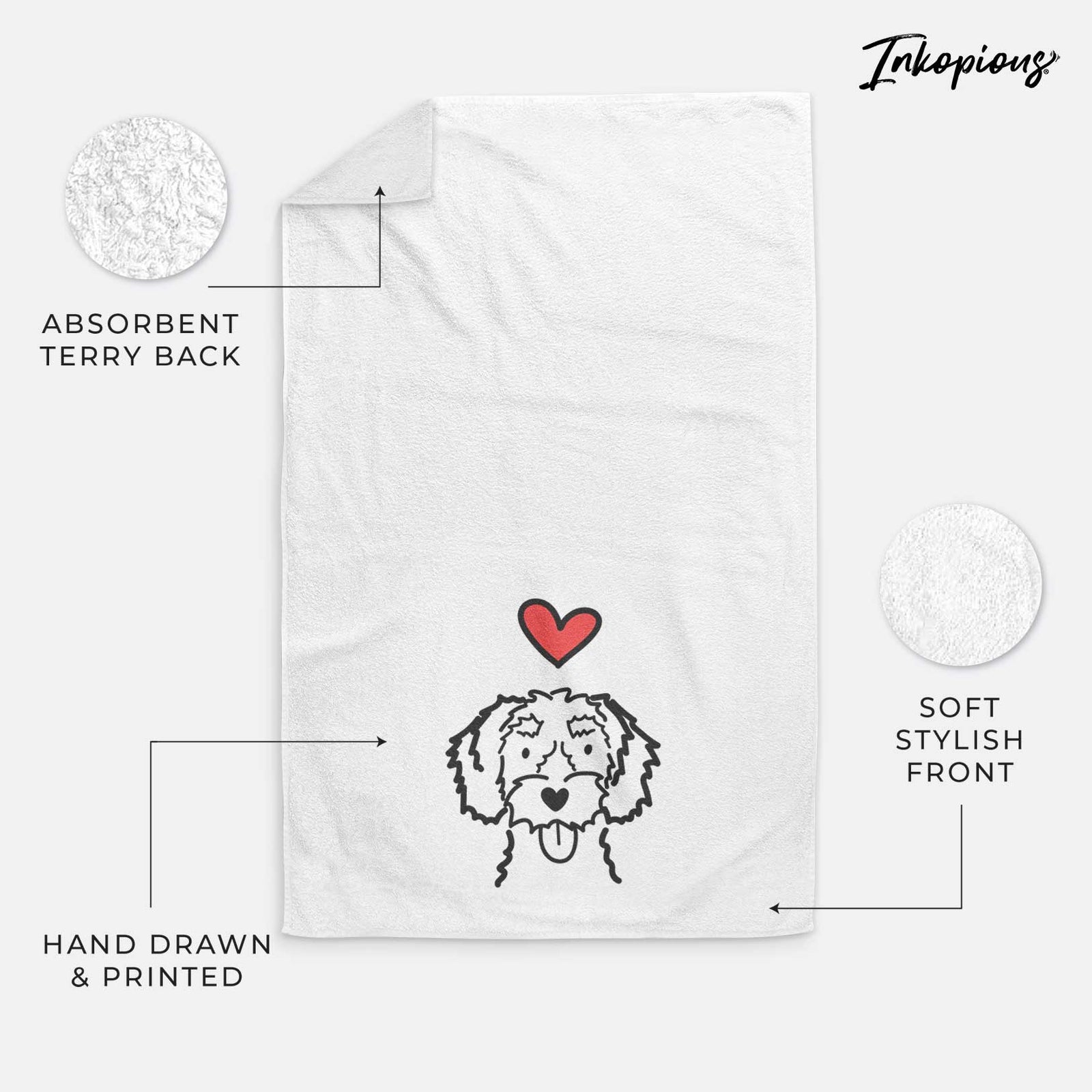 Minimalist line drawing of a White Schnoodle with a red heart on a decorative hand towel