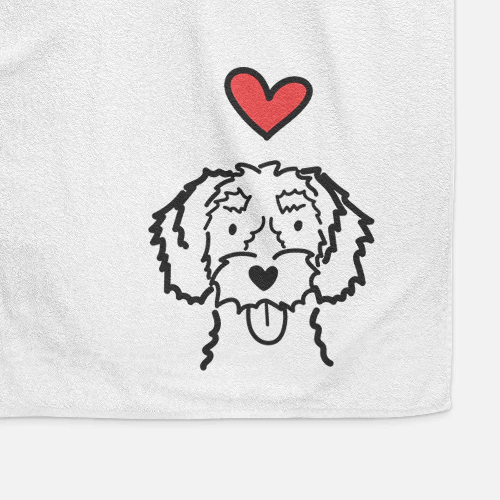 Minimalist line drawing of a White Schnoodle with a red heart on a decorative hand towel