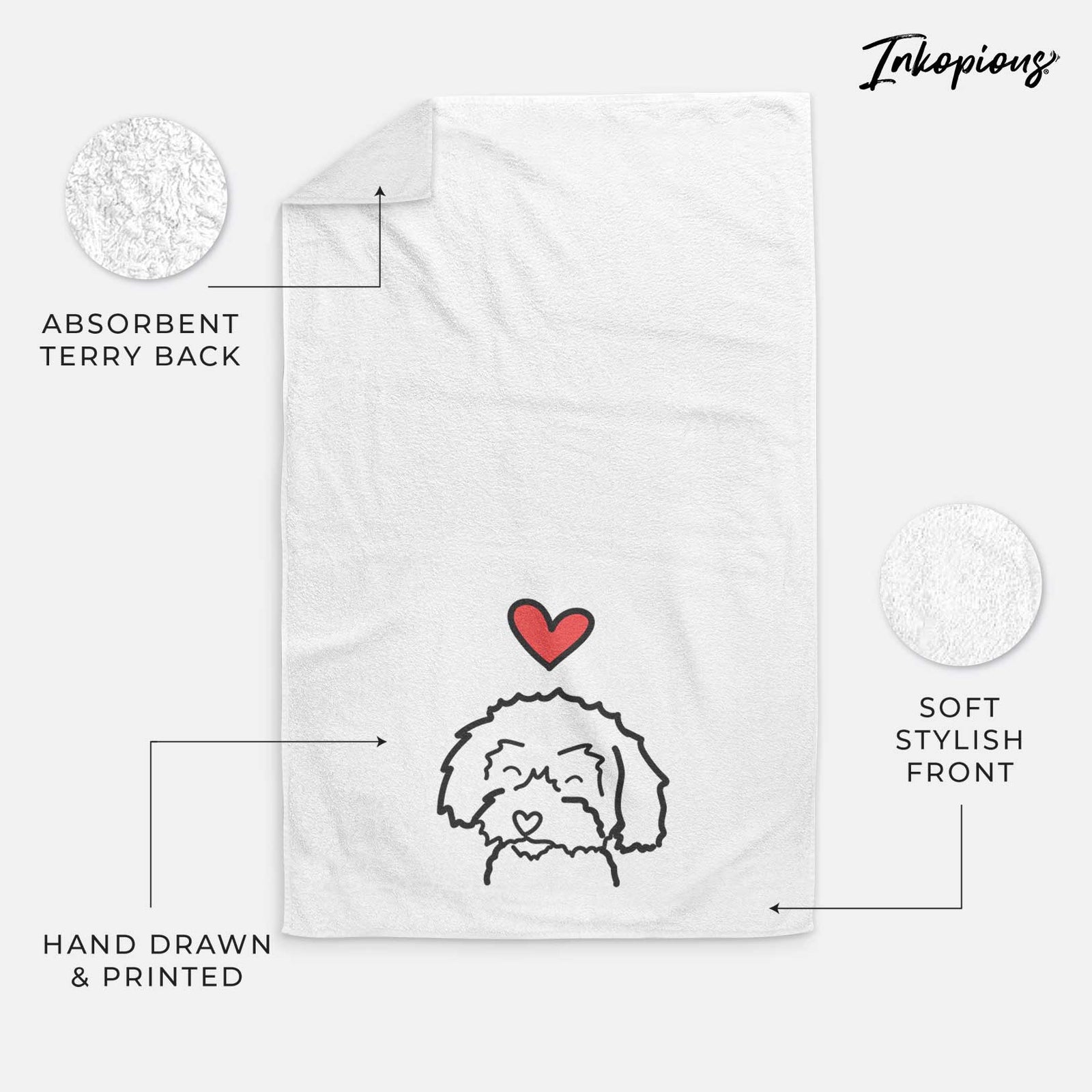 Minimalist line drawing of a Schnoodle with a red heart on a decorative hand towel