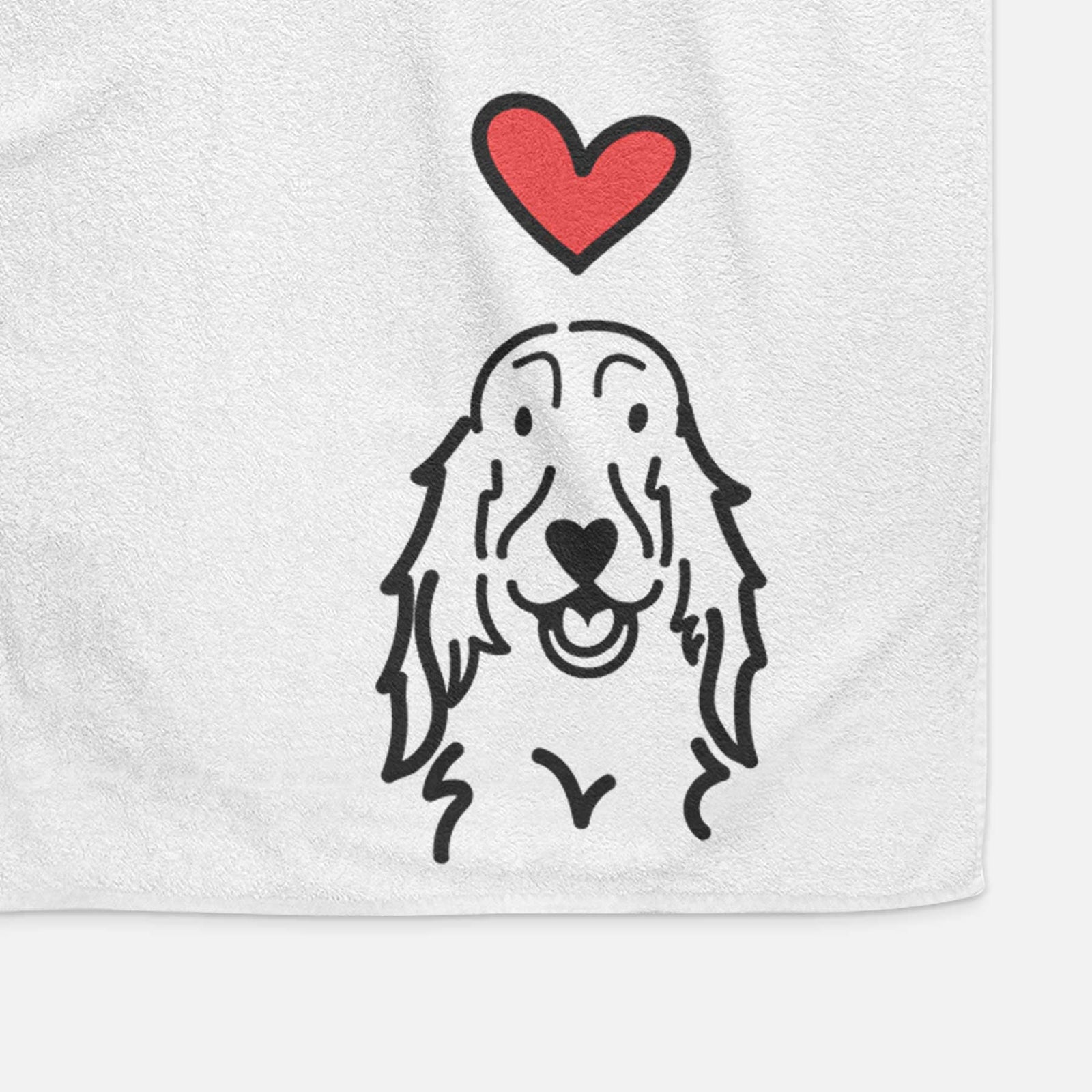 Minimalist line drawing of a Setter with a red heart on a decorative hand towel