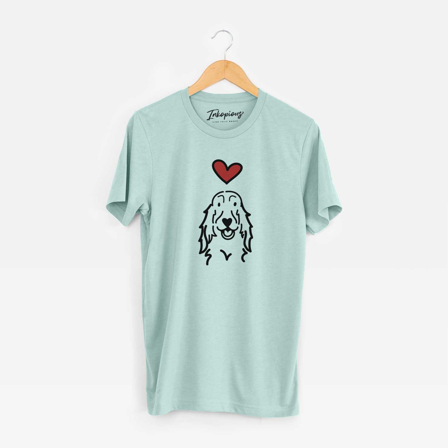 Minimalist line drawing of a Setter with a red heart on a Heather Sage Unisex crewneck