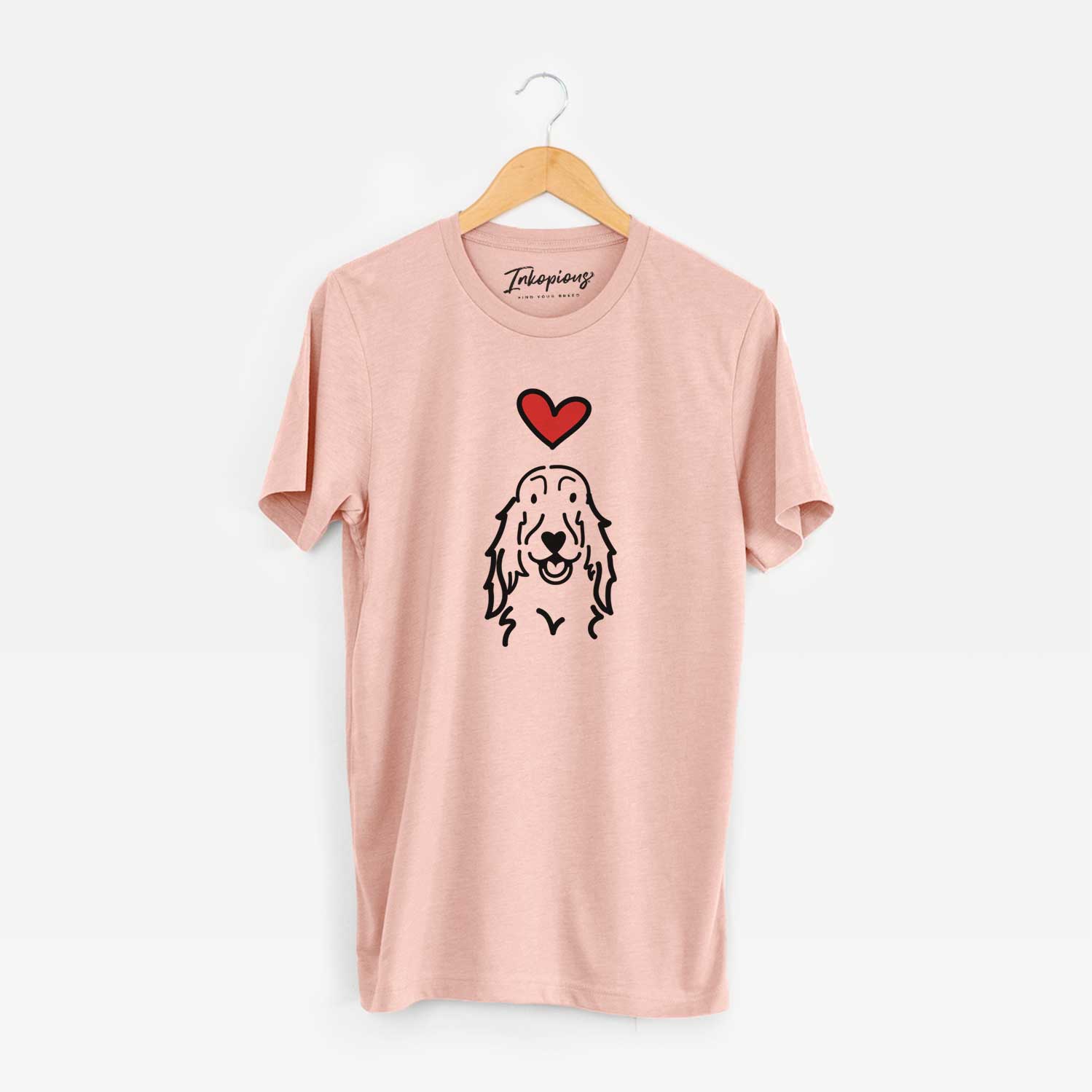Minimalist line drawing of a Setter with a red heart on a Peach Unisex crewneck