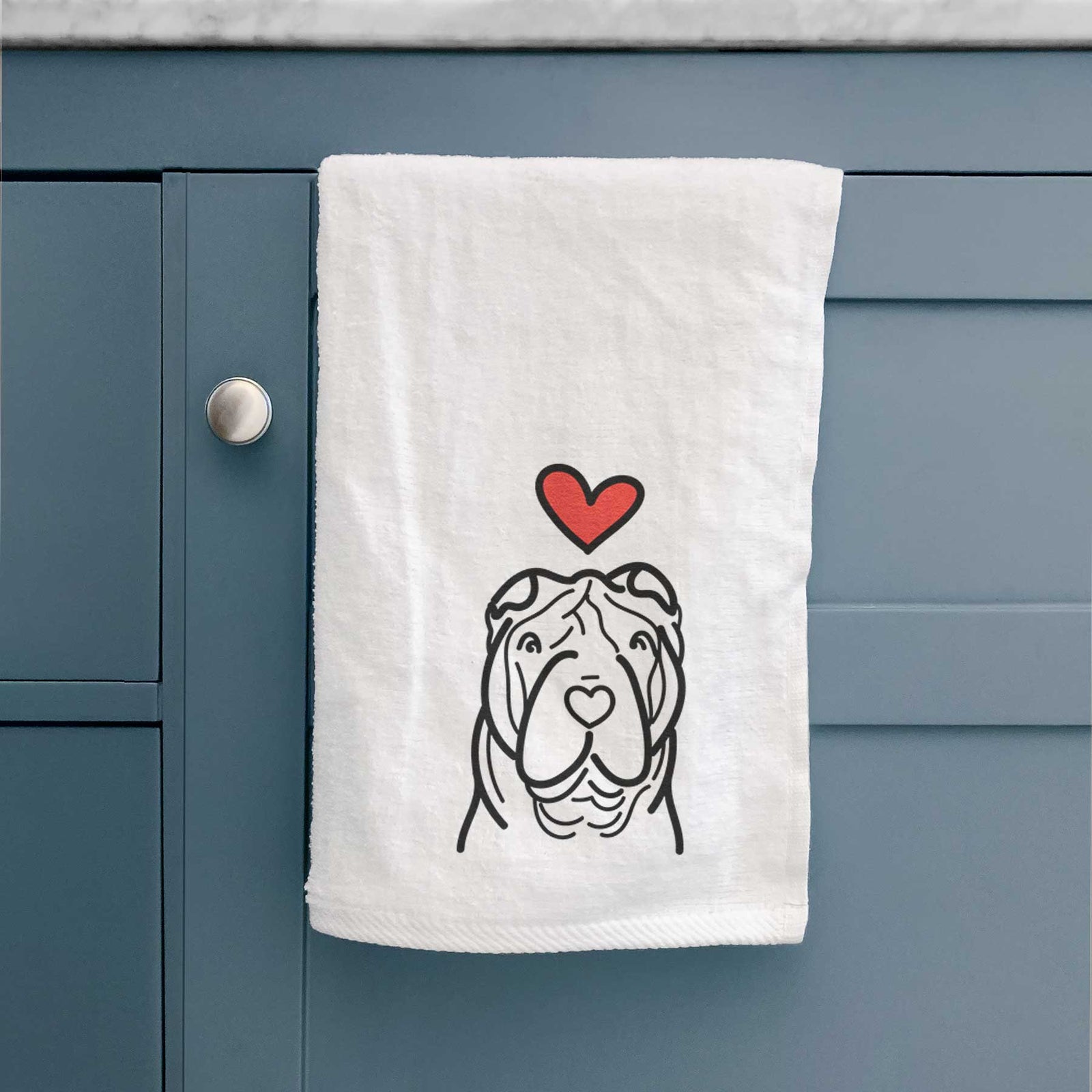 Minimalist line drawing of a Shar Pei with a red heart on a decorative hand towel