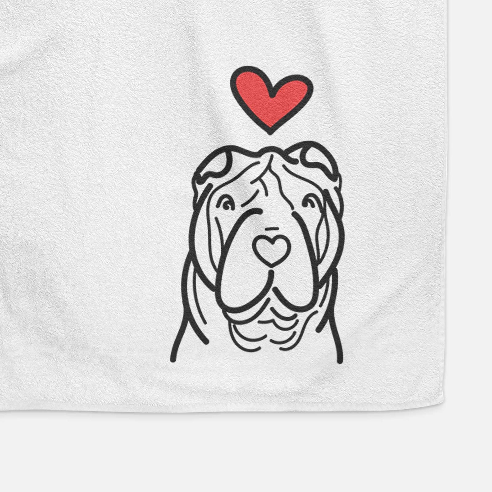Minimalist line drawing of a Shar Pei with a red heart on a decorative hand towel
