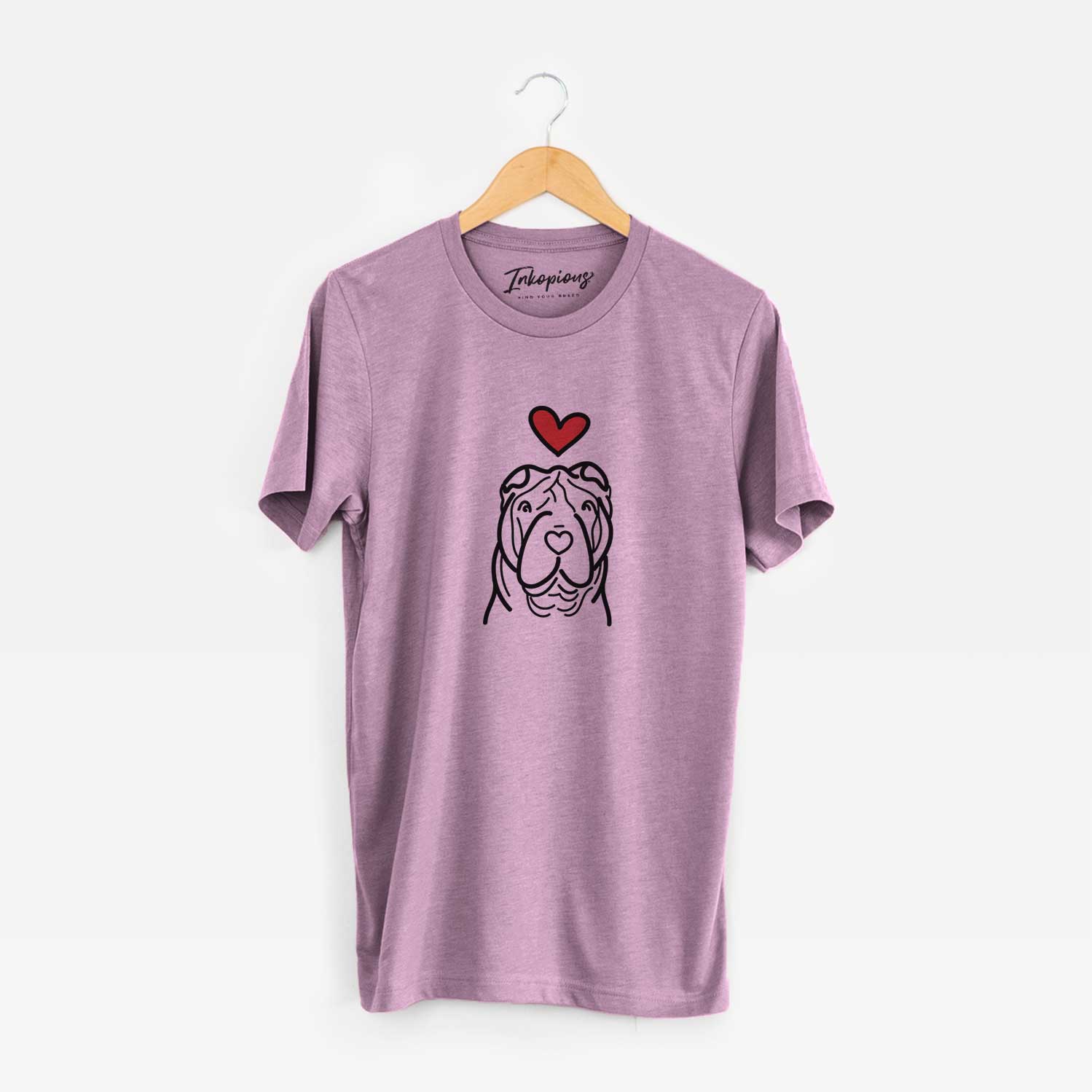 Minimalist line drawing of a Shar Pei with a red heart on an Orchid Unisex crewneck