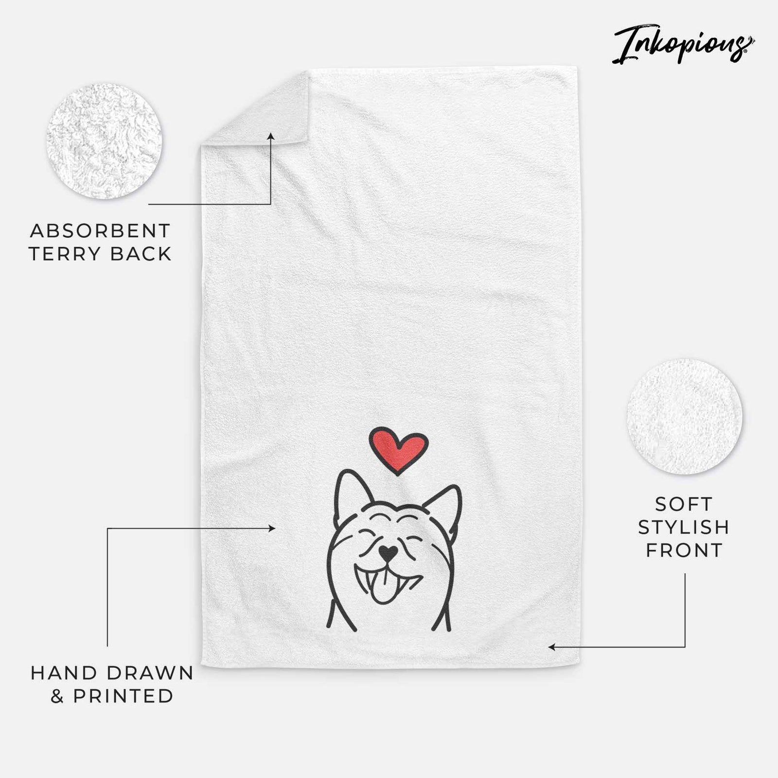 Minimalist line drawing of a Shiba Inu with a red heart on a decorative hand towel