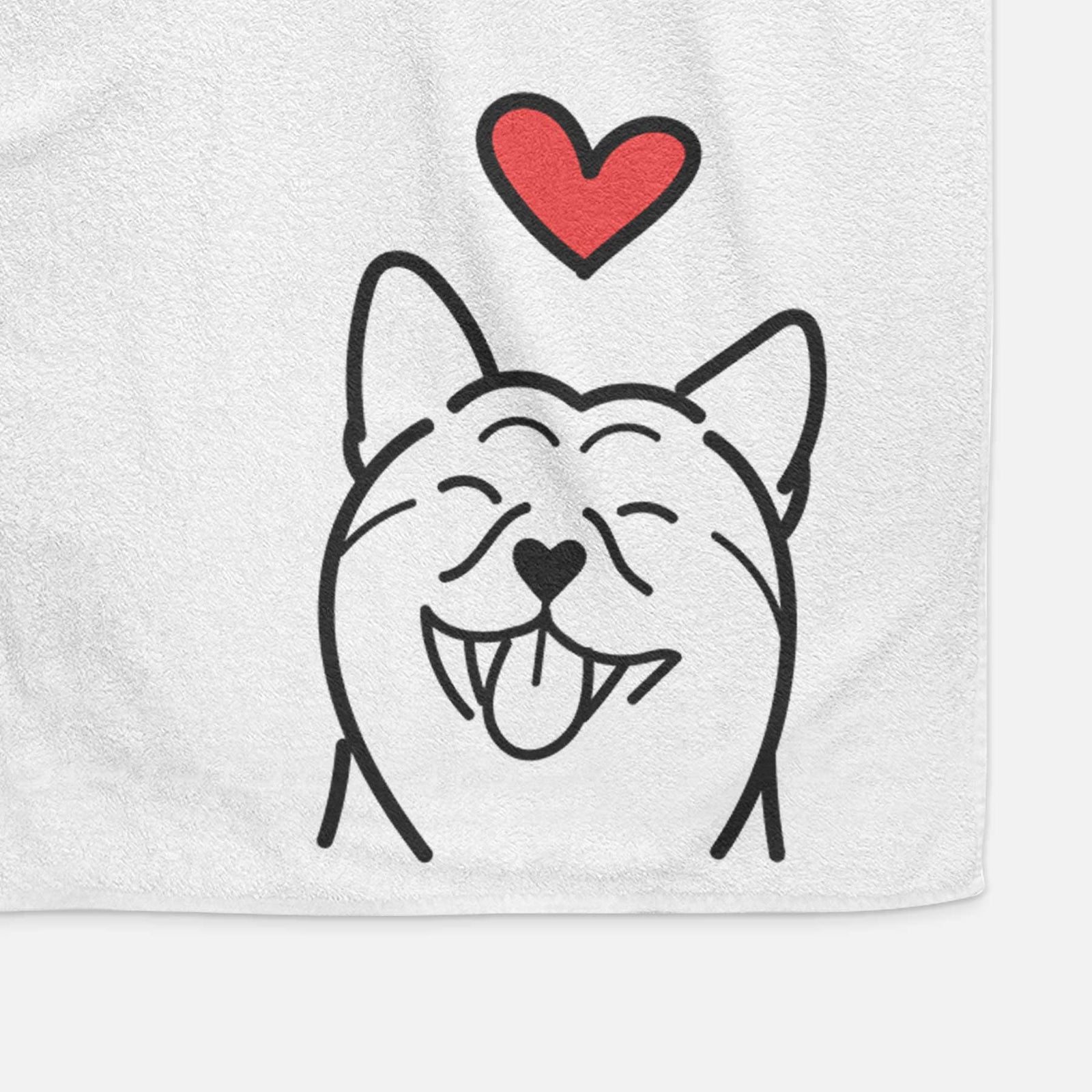 Minimalist line drawing of a Shiba Inu with a red heart on a decorative hand towel