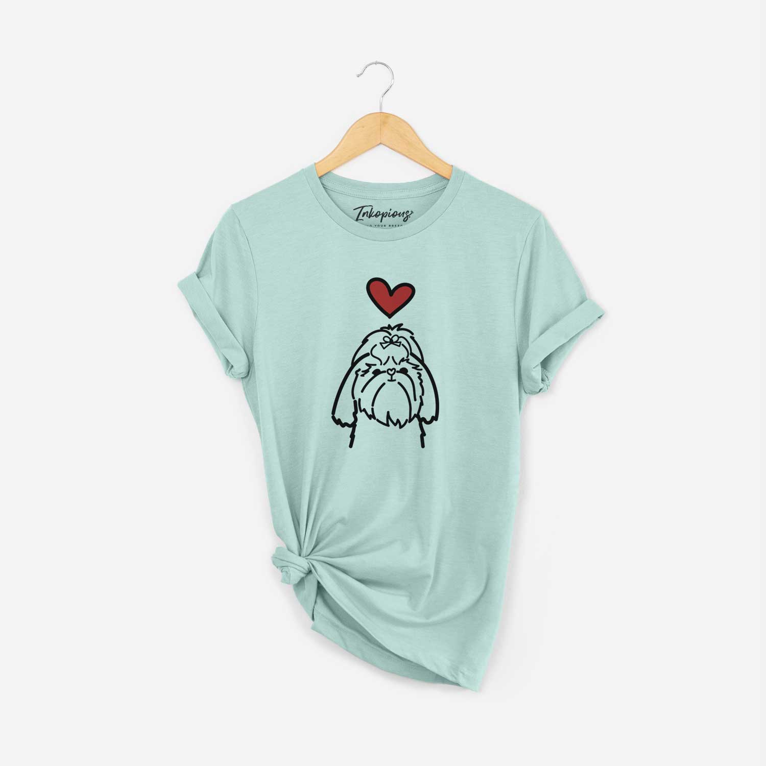 Minimalist line drawing of a Shih Tzu with a red heart on a Heather Sage Unisex crewneck