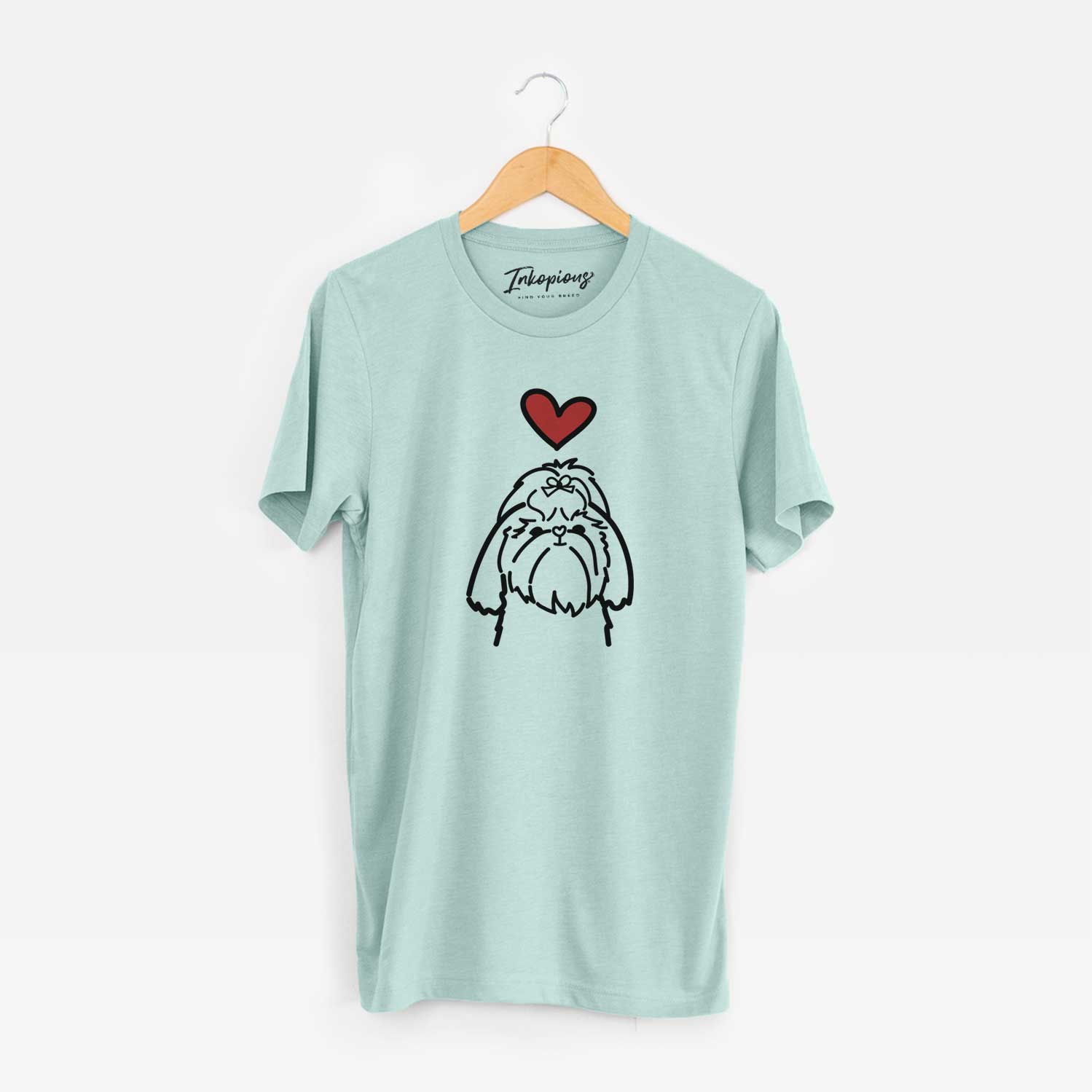 Minimalist line drawing of a Shih Tzu with a red heart on a Heather Sage Unisex crewneck