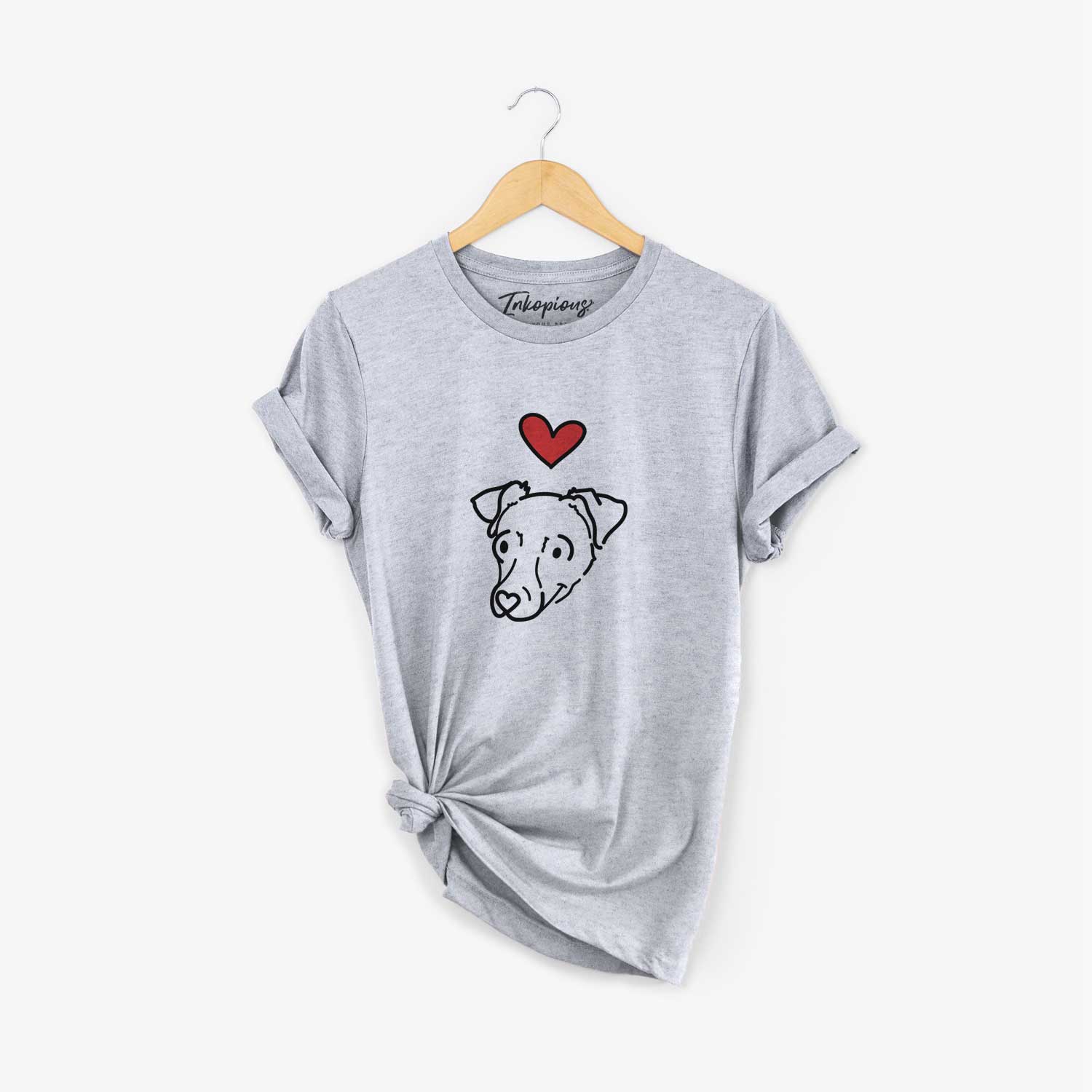 Minimalist line drawing of Tater Tot the Chiweenie with a red heart on a Grey Unisex crewneck