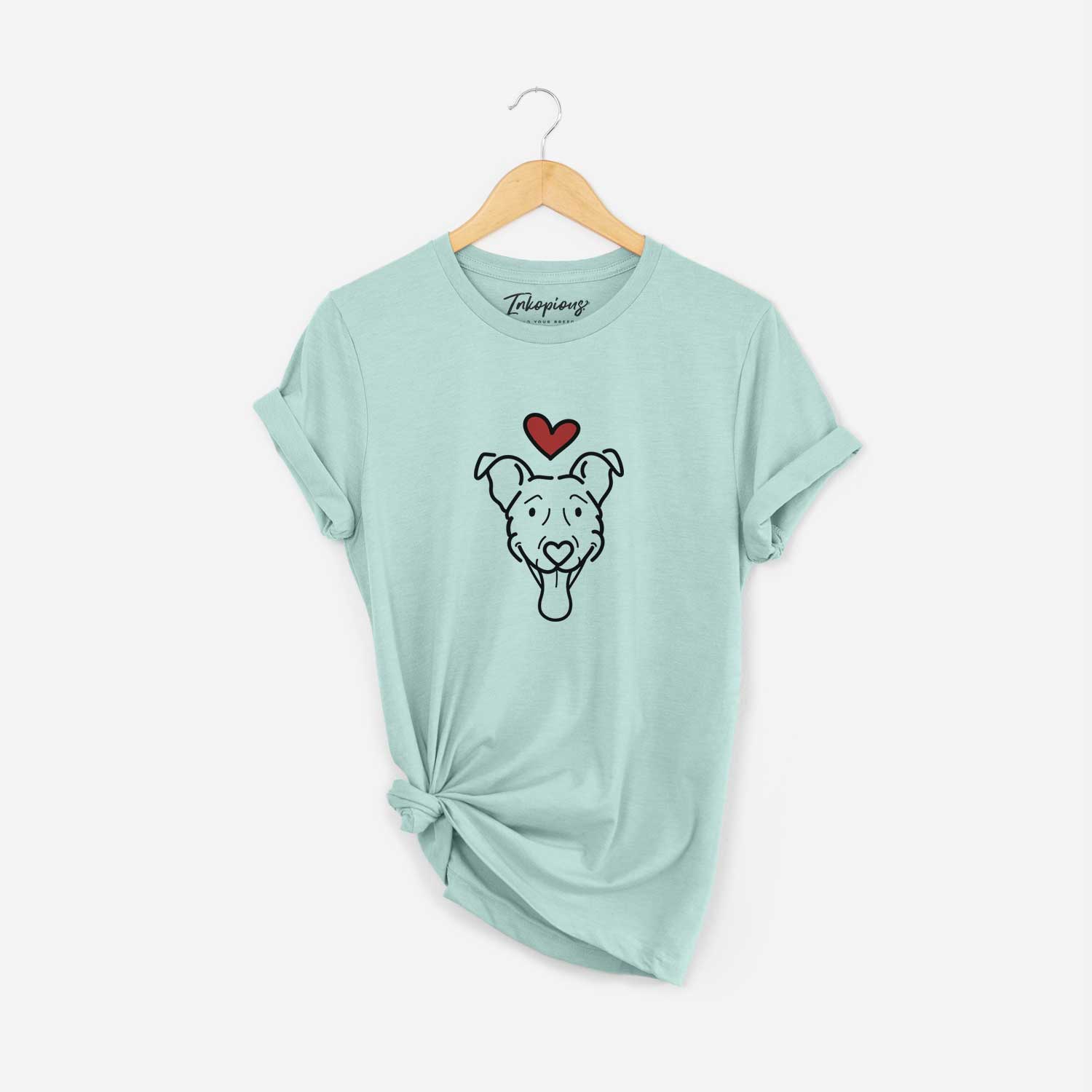 Minimalist line drawing of Tegan the Vizsla Mix with a red heart on a Heather Sage Unisex crewneck