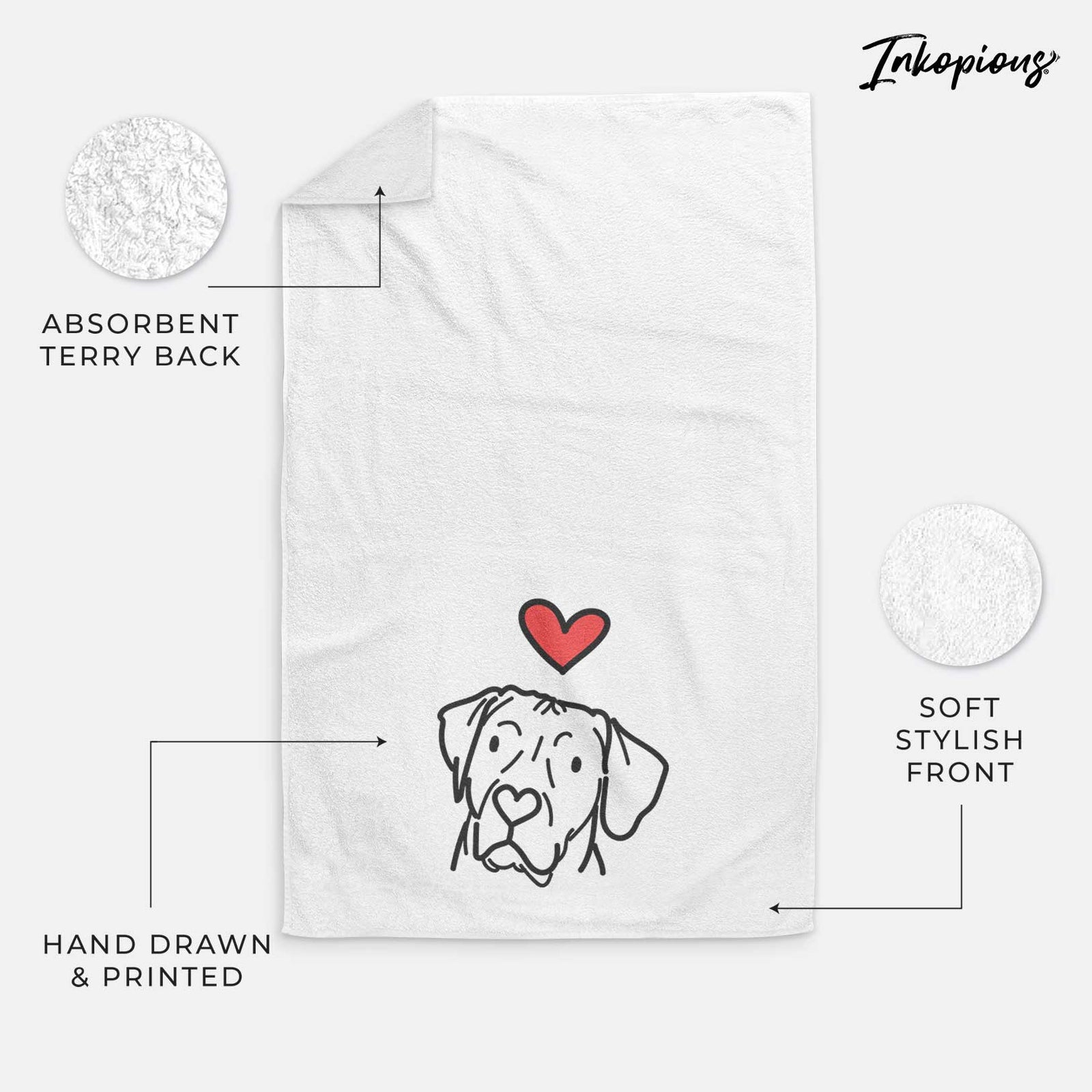 Minimalist line drawing of Tito the Rhodesian Ridgeback with a red heart on a decorative hand towel