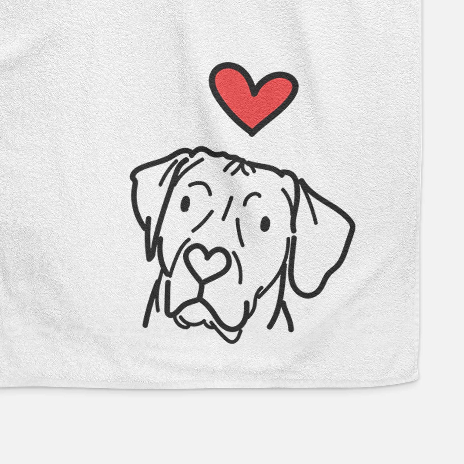 Minimalist line drawing of Tito the Rhodesian Ridgeback with a red heart on a decorative hand towel