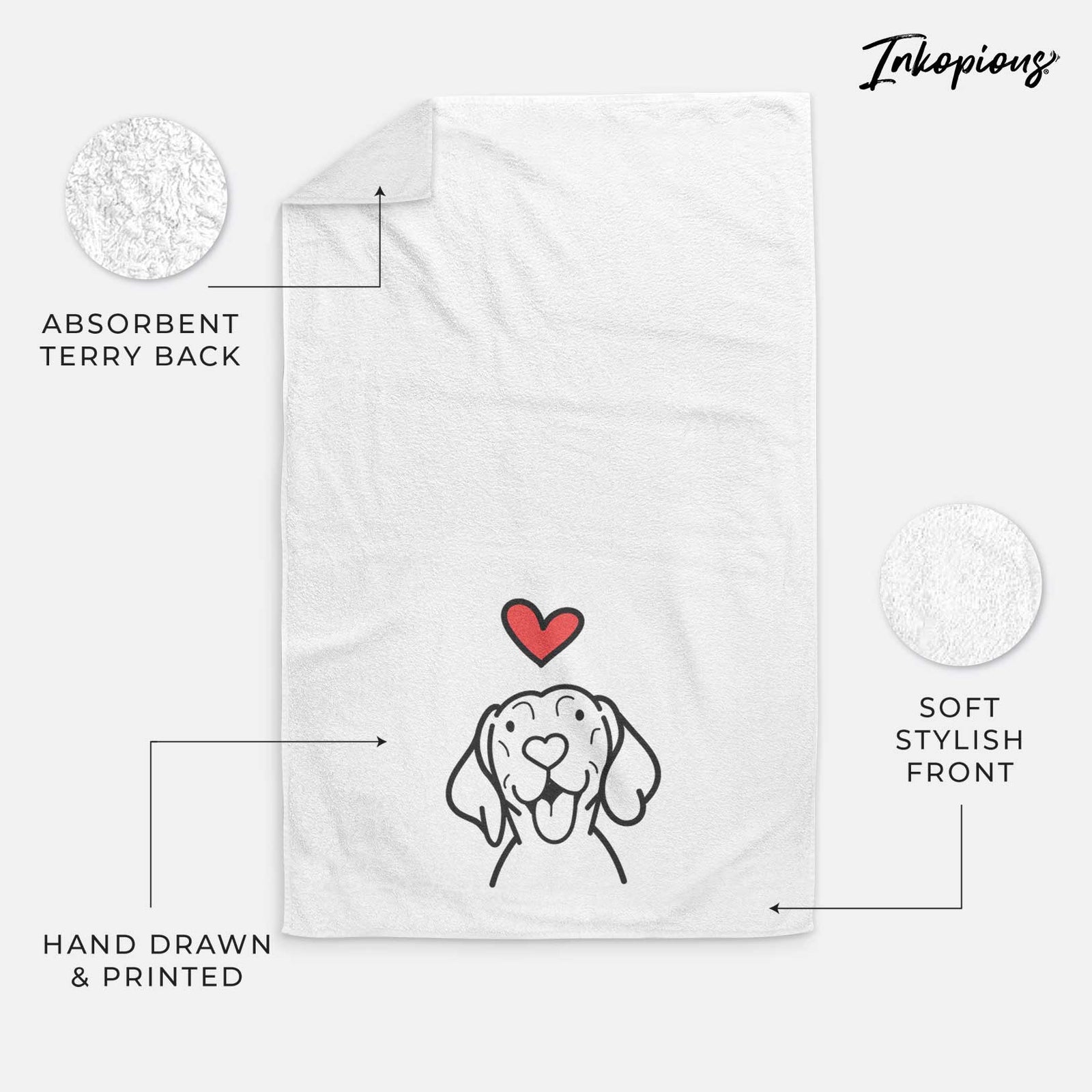 Minimalist line drawing of a Vizsla with a red heart on a decorative hand towel