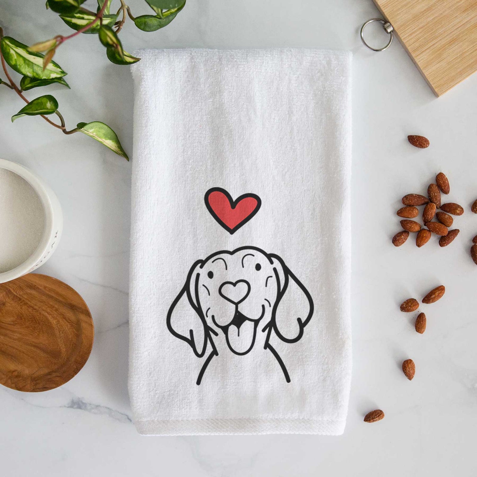 Minimalist line drawing of a Vizsla with a red heart on a decorative hand towel