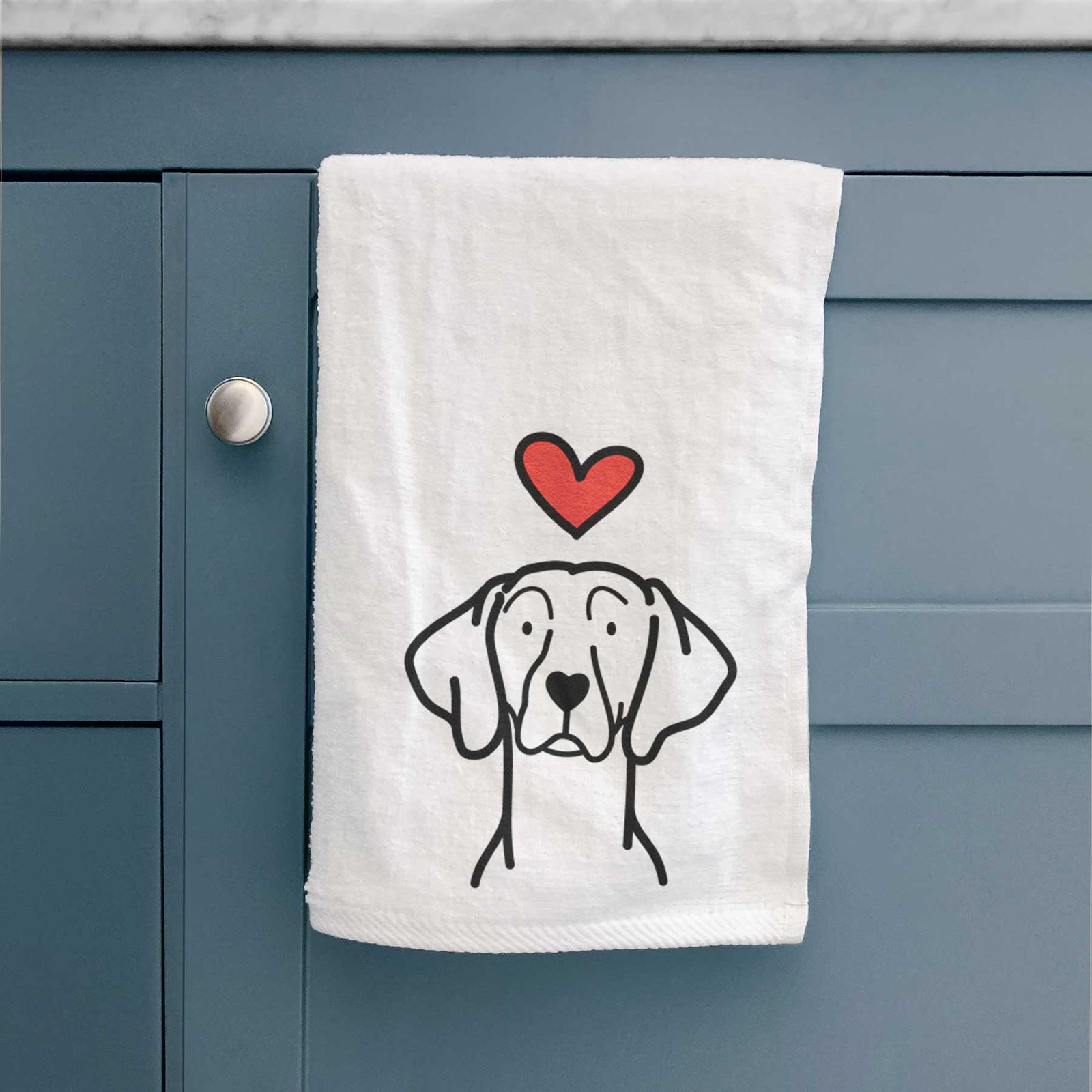 Minimalist line drawing of a Weimaraner with a red heart on a decorative hand towel