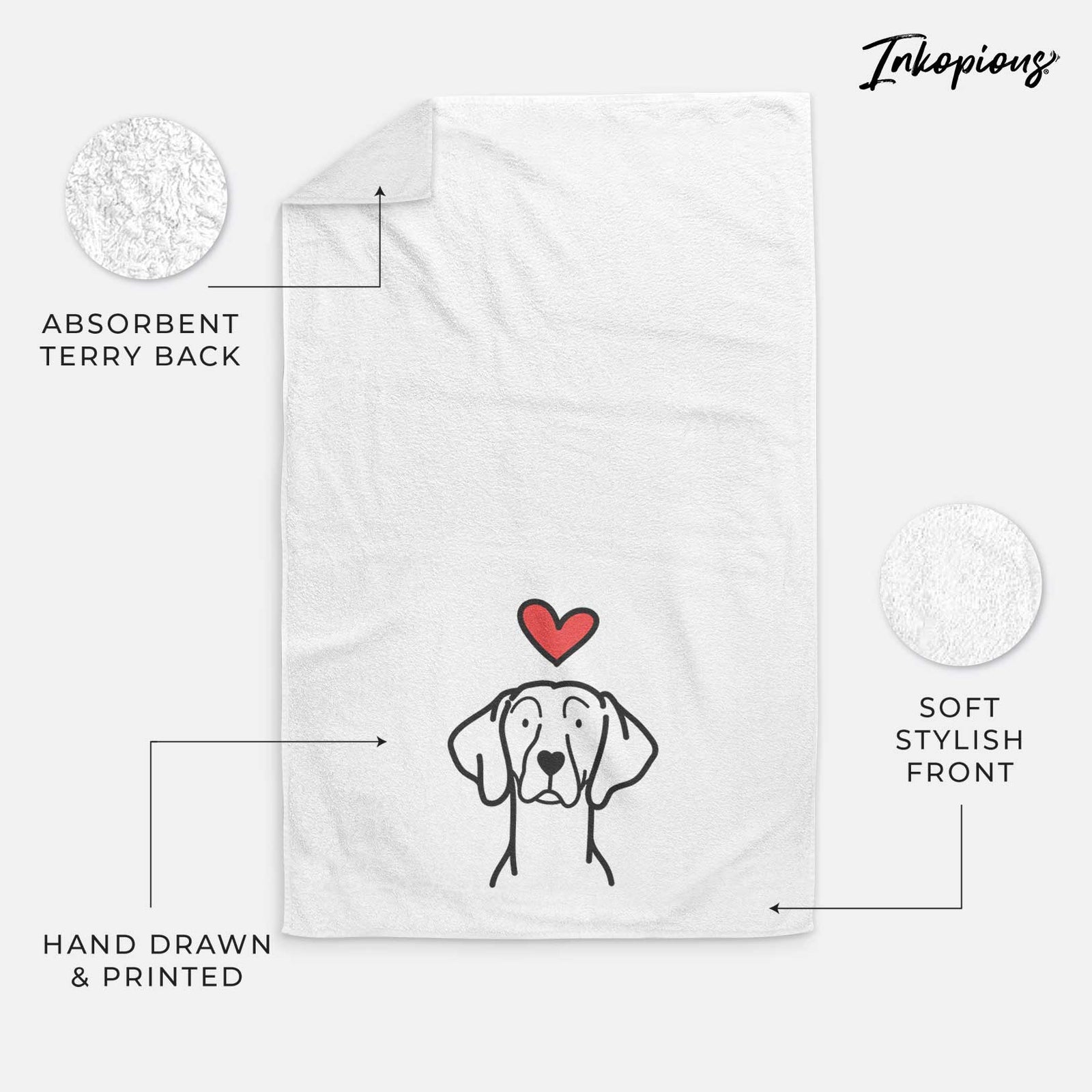 Minimalist line drawing of a Weimaraner with a red heart on a decorative hand towel