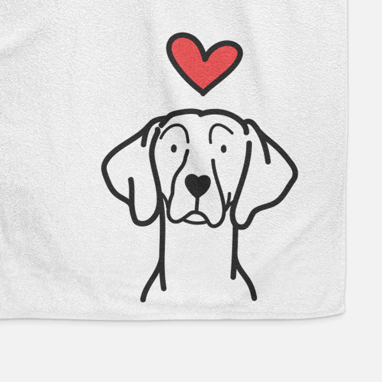 Minimalist line drawing of a Weimaraner with a red heart on a decorative hand towel