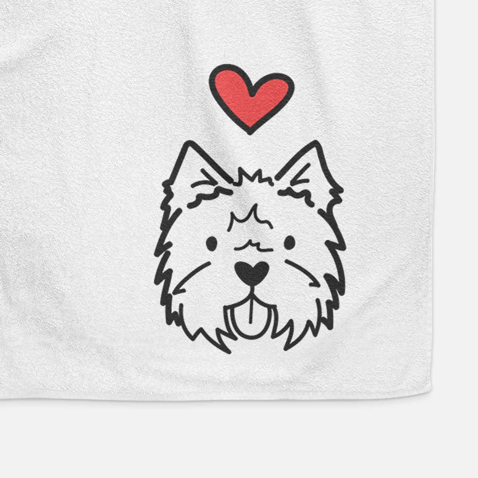 Minimalist line drawing of a West Highland Terrier with a red heart on a decorative hand towel