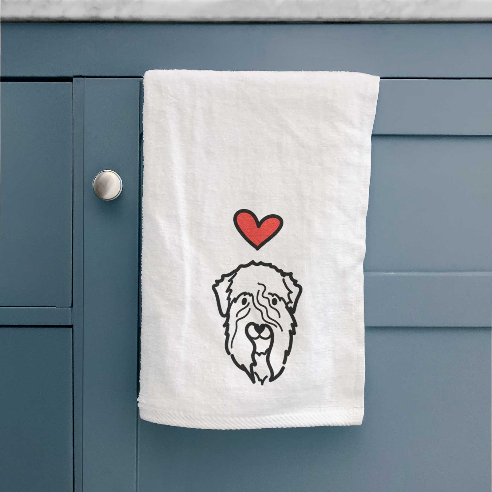 Minimalist line drawing of a Soft Coated Wheaten Terrier with a red heart on a decorative hand towel