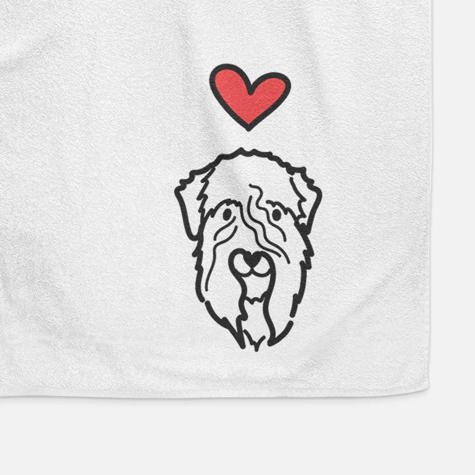 Minimalist line drawing of a Soft Coated Wheaten Terrier with a red heart on a decorative hand towel