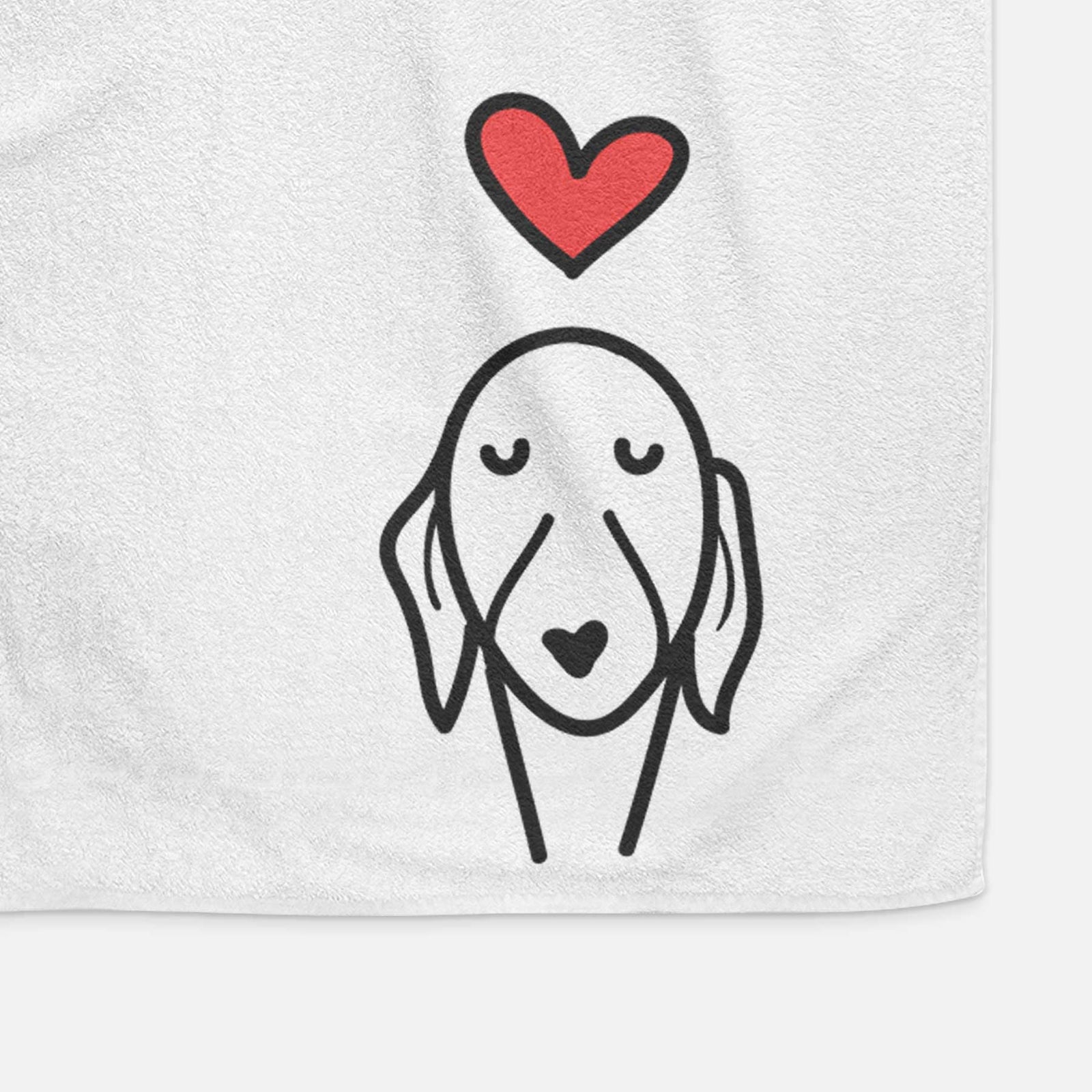 Minimalist line drawing of a Whippet with a red heart on a decorative hand towel